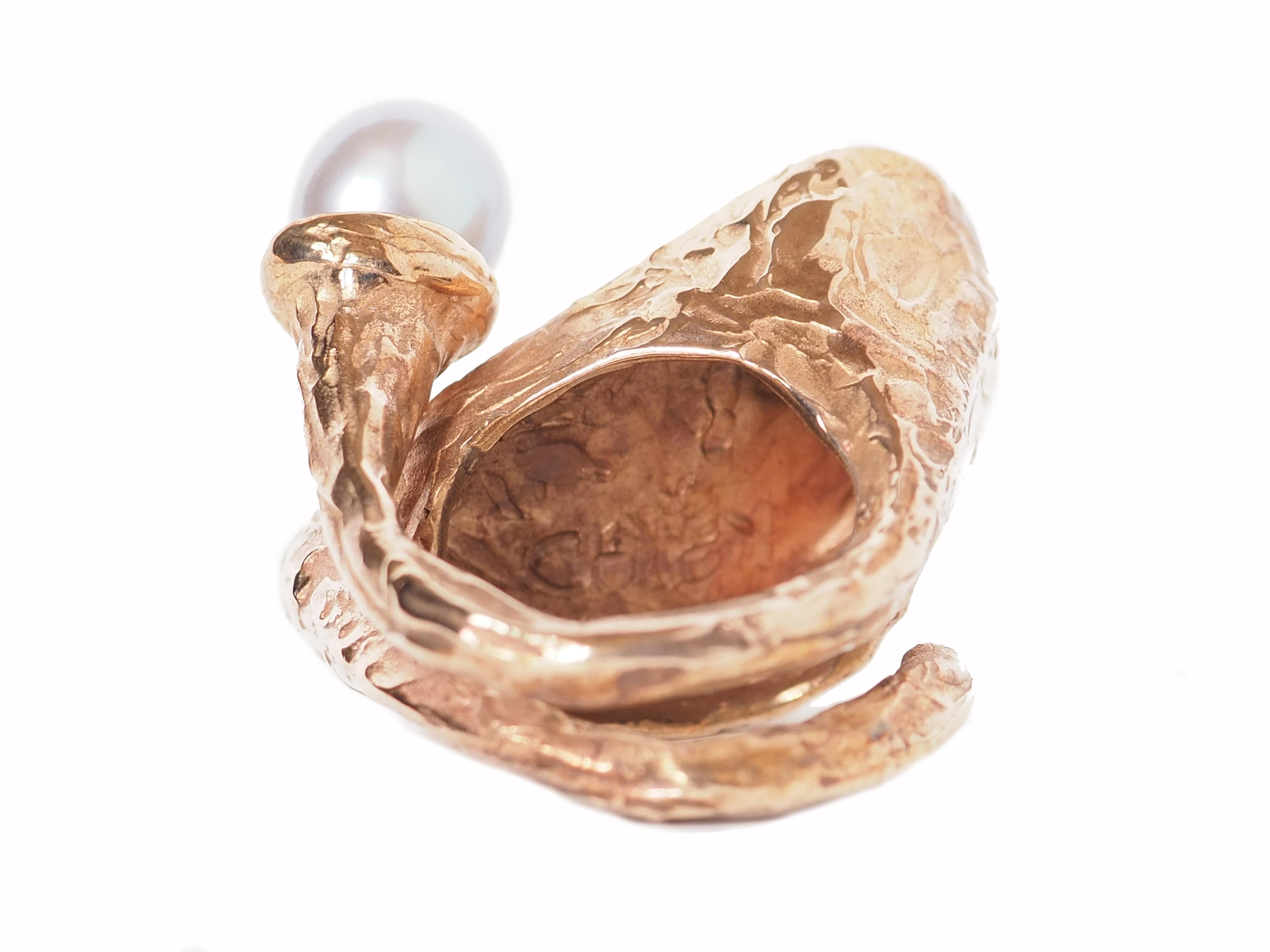 Artist Bronze Sculpture Ring Natural Pearl For Sale