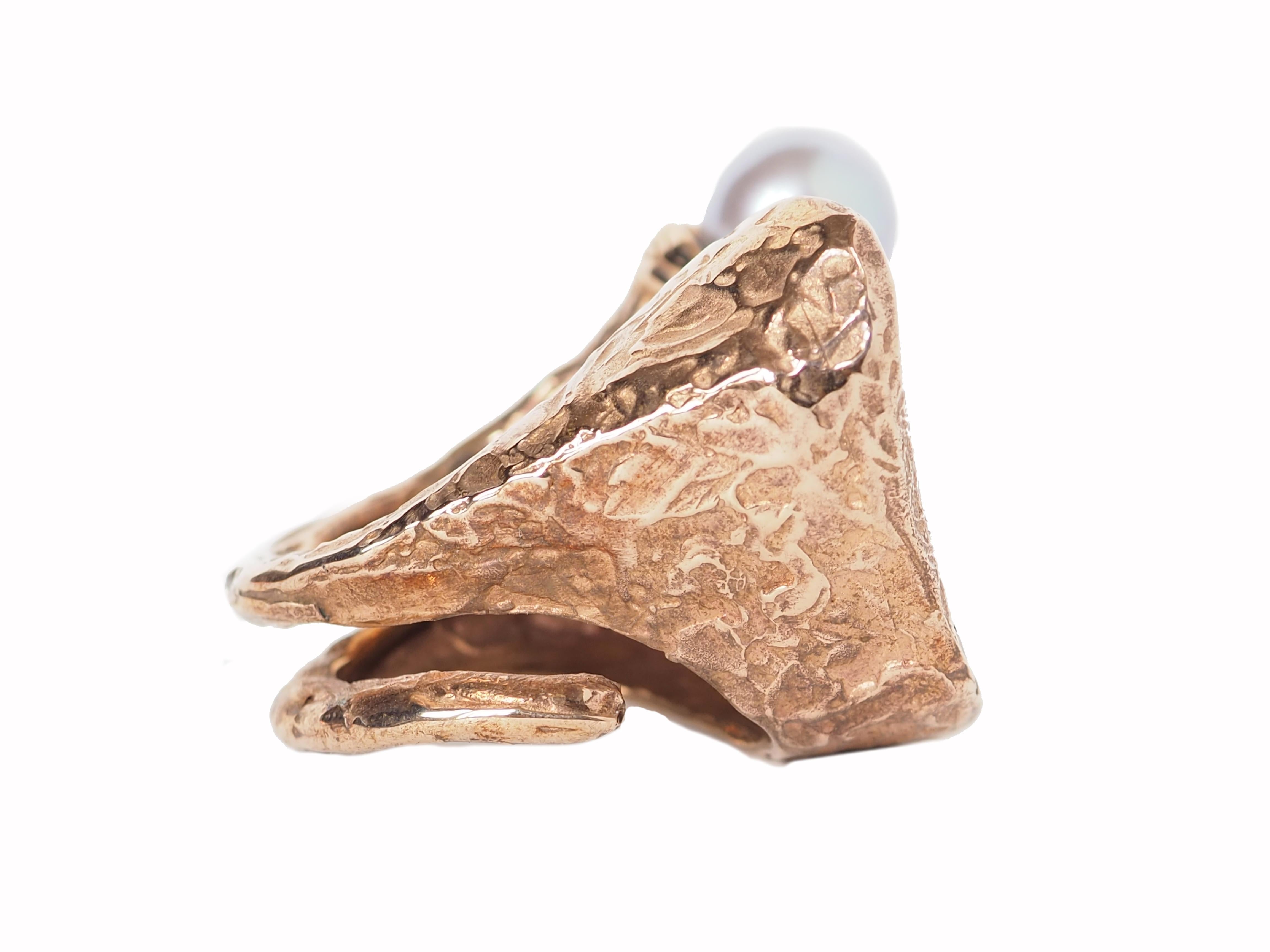Uncut Bronze Sculpture Ring Natural Pearl For Sale