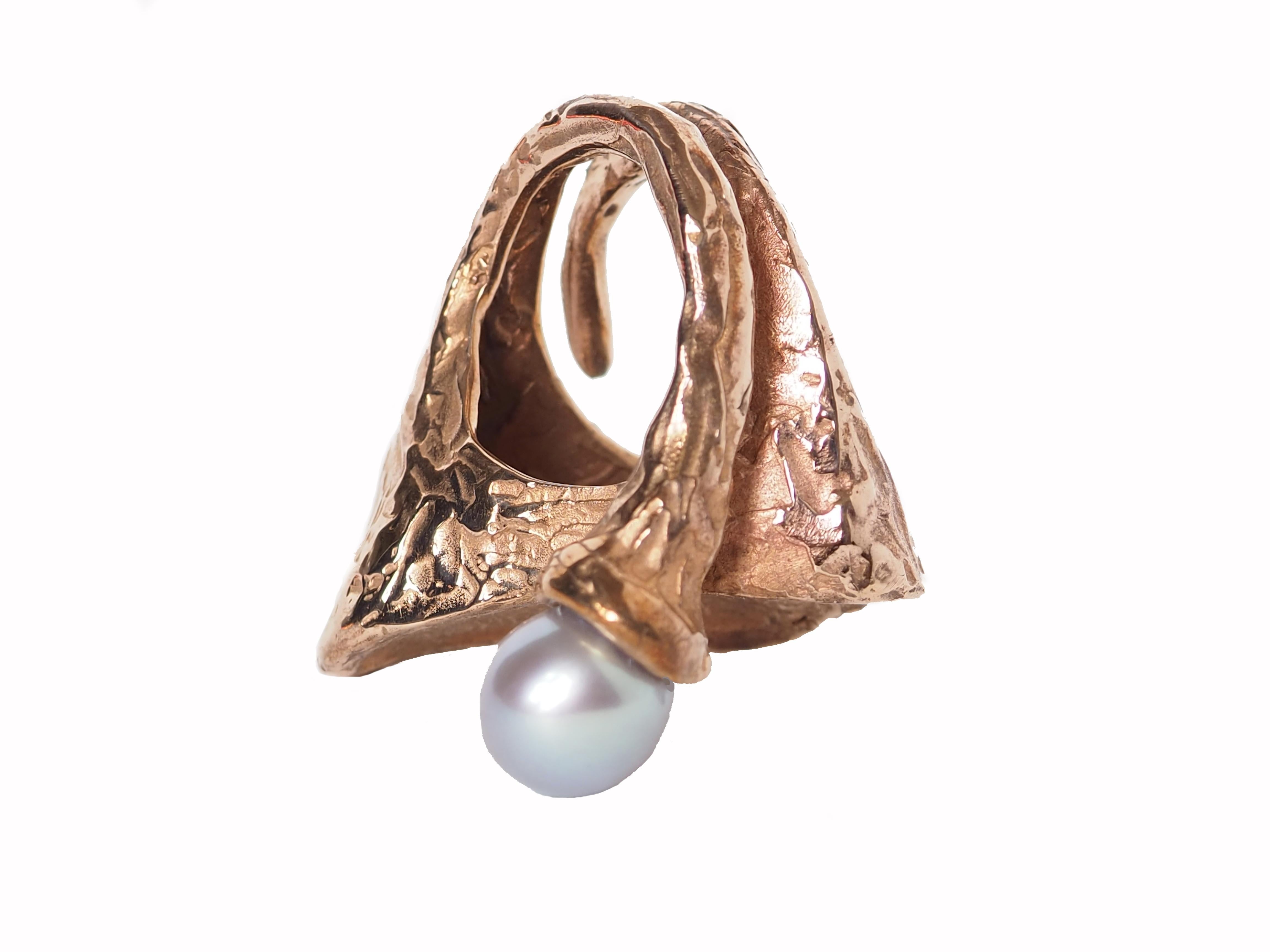 Bronze Sculpture Ring Natural Pearl For Sale 1