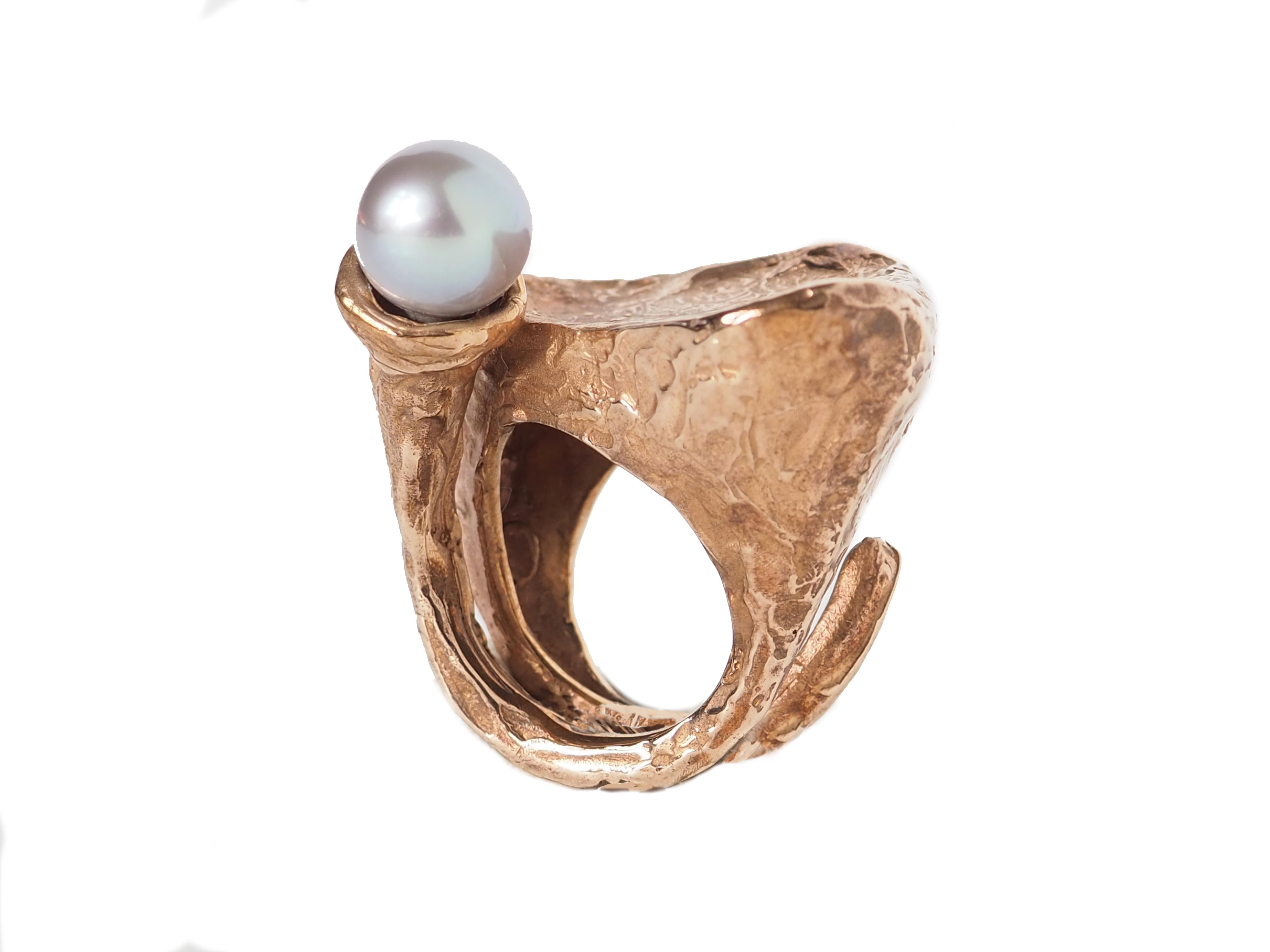 Bronze Sculpture Ring Natural Pearl For Sale 2