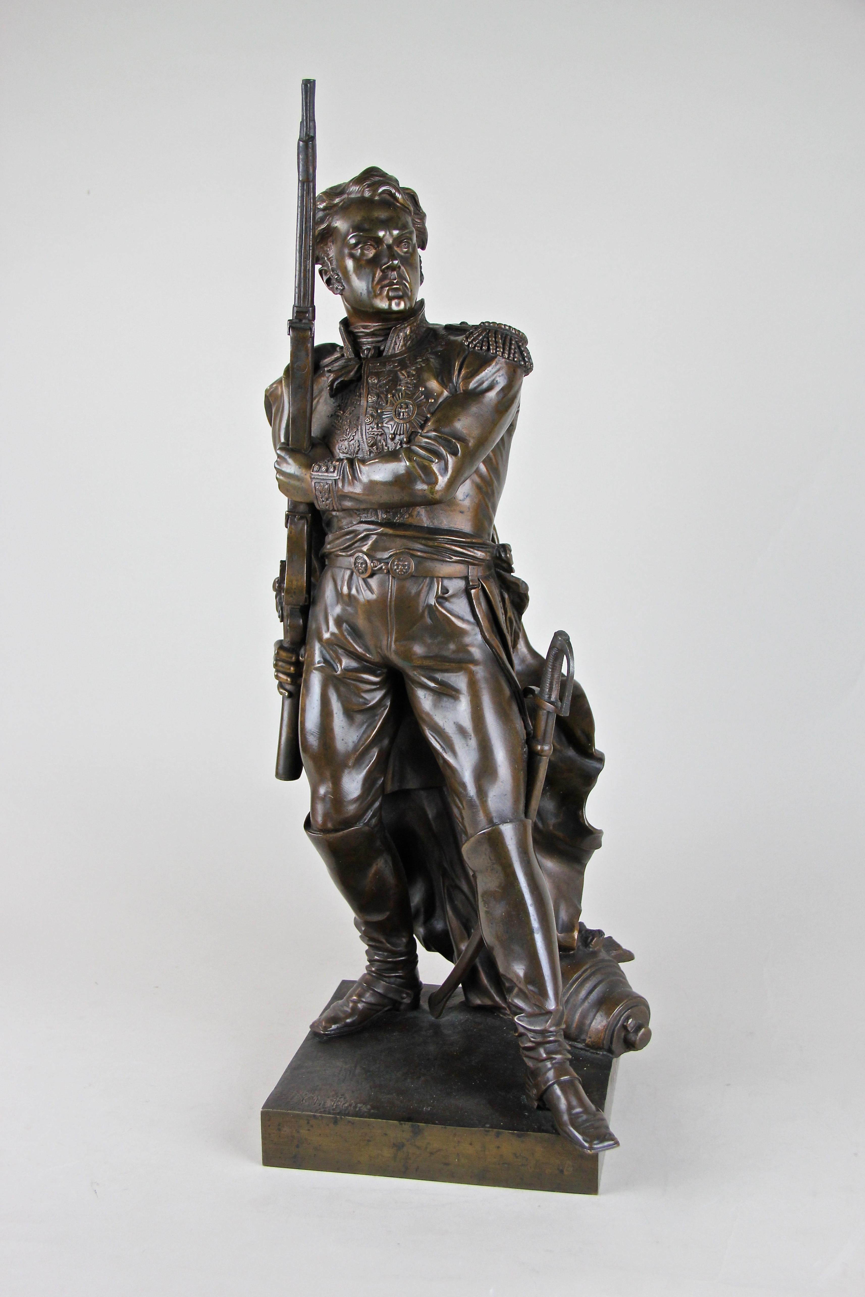 An outstanding worked bronze sculpture of a Napoleonic era French soldier. Made by famous French sculptor Charles Petre, circa 1870, this imperial officer is portrayed with his rifle in hand standing over a fallen cannon. The look of his uniform,