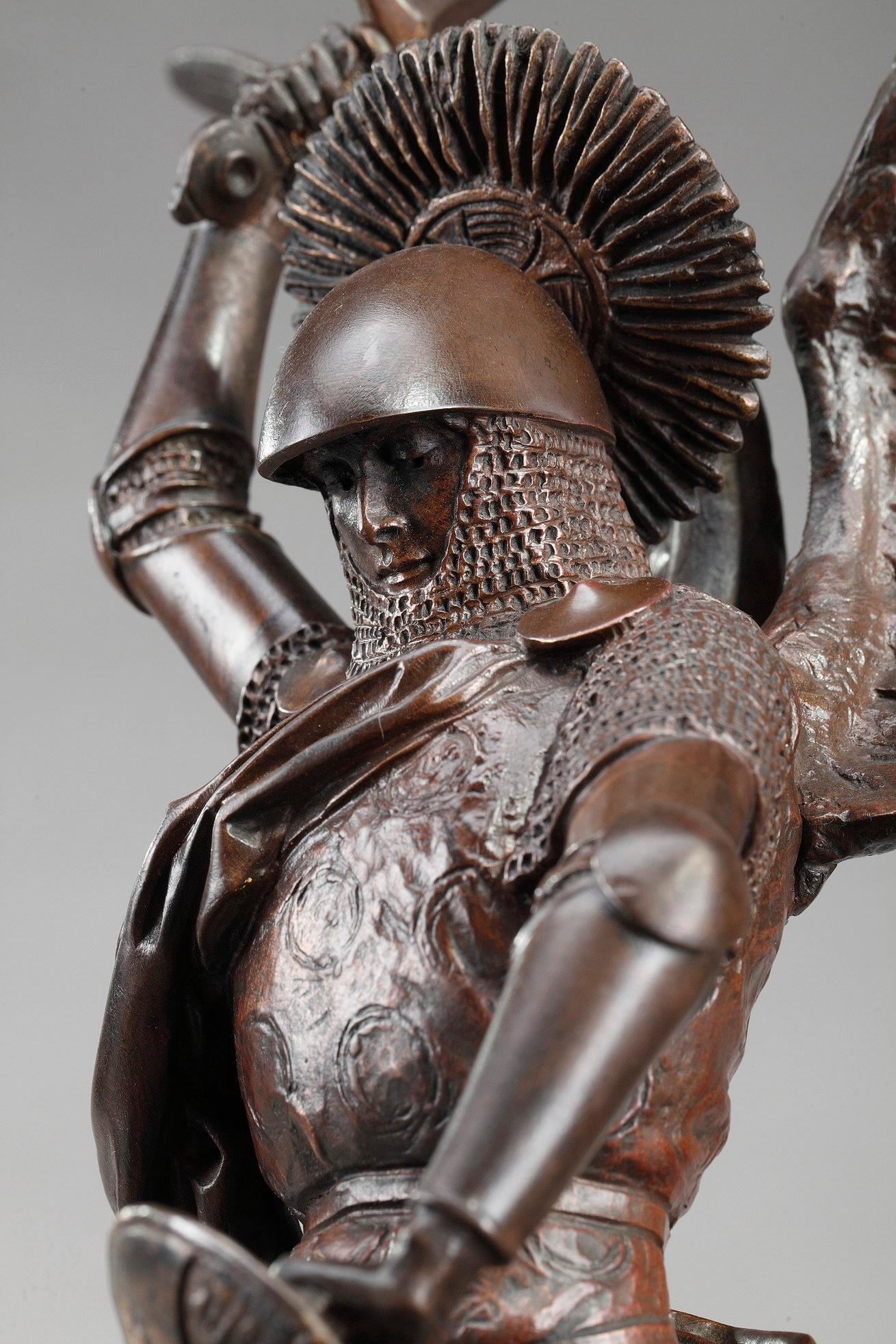 Marble Bronze Sculpture St Michael Slaying the Dragon by Emmanuel Fremiet, 1824-1910