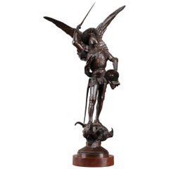 Antique Bronze Sculpture St Michael Slaying the Dragon by Emmanuel Fremiet, 1824-1910