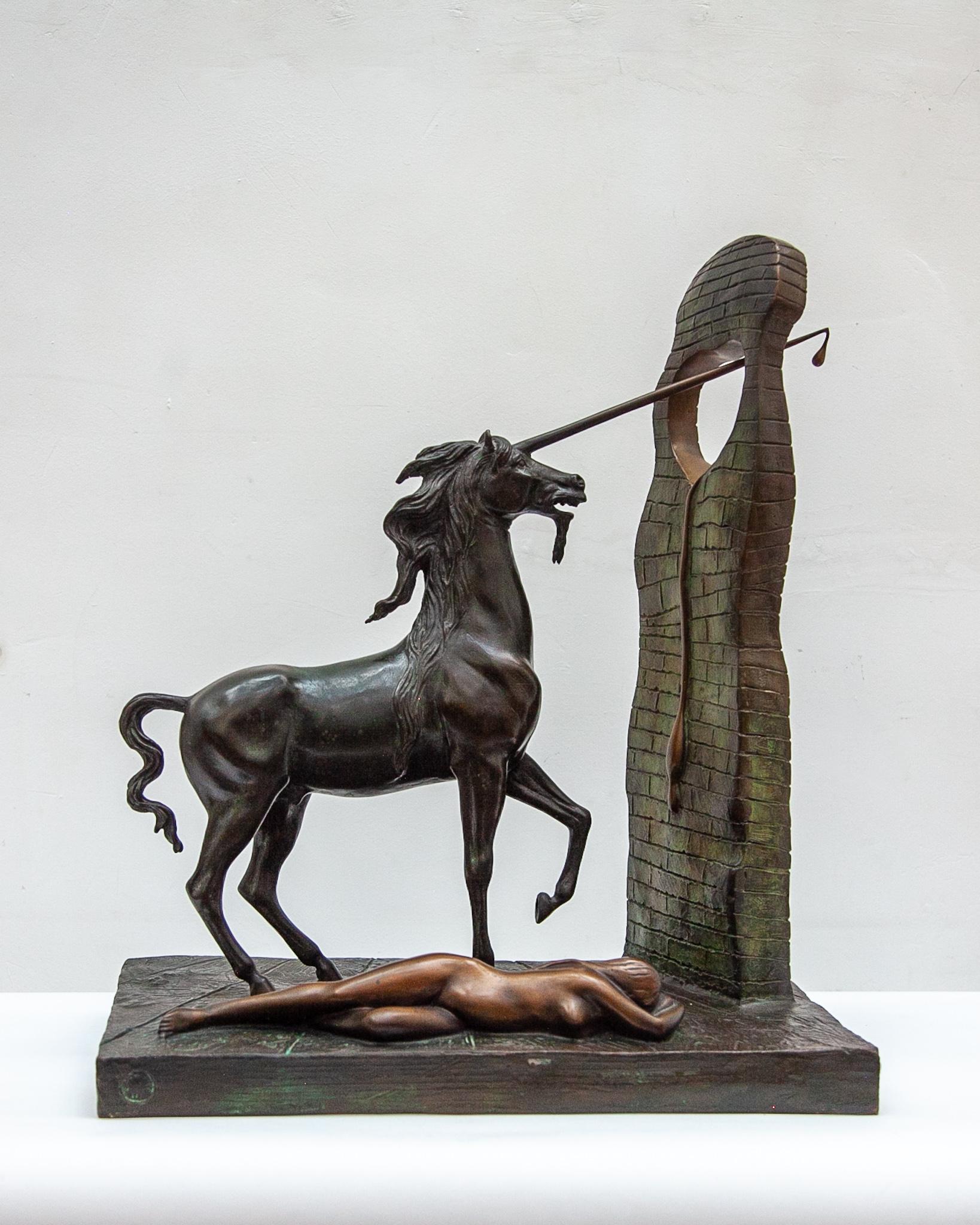 Impressed Surrealist bronze sculpture by Salvador DALI (1904-1989) - Unicorn, 1984 - Bronze signed Dali on the base numbered '70/350' and stamped with the foundry mark Jemelton 1984-Dimensions: 57 x 51 x 32 cm - This edition is based on Salvador