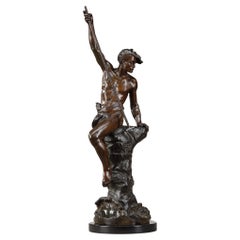 Used Bronze Sculpture "the Fisherman with a Harpoon" Signed Ferrand