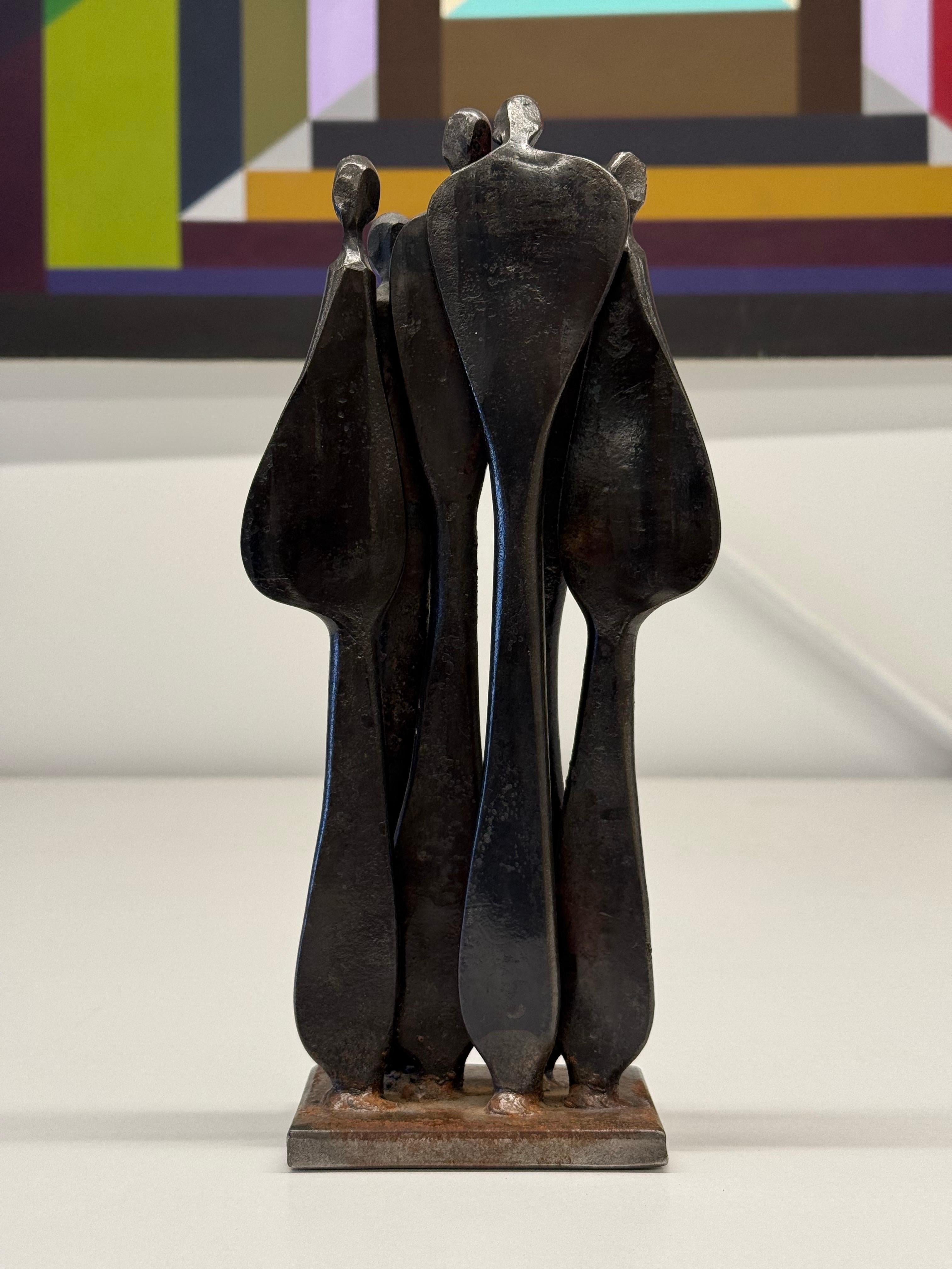 Bronze sculpture titled family designed by Boris Kramer, circa 1986. Signed and dated. This sculpture perfectly blends abstract modernism and figurative realism. A great size to display on a shelf or credenza. In great vintage condition with minor