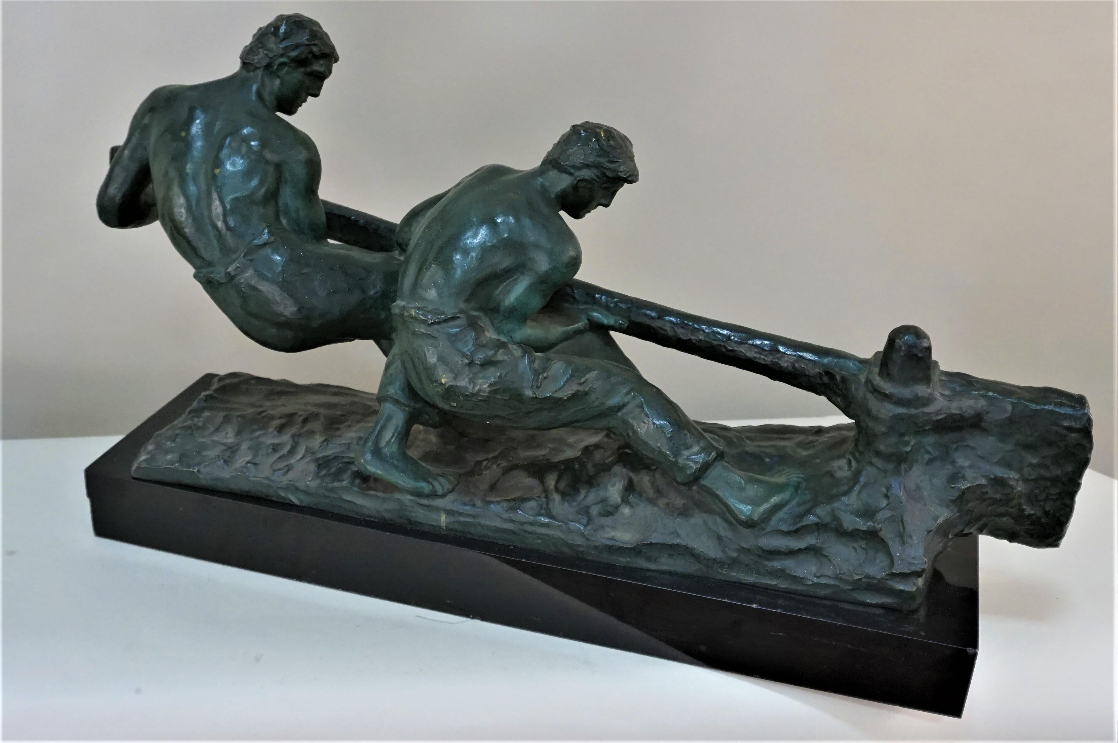 Cold-Painted Bronze Sculpture Two Men Steering by Alexandre Kelety