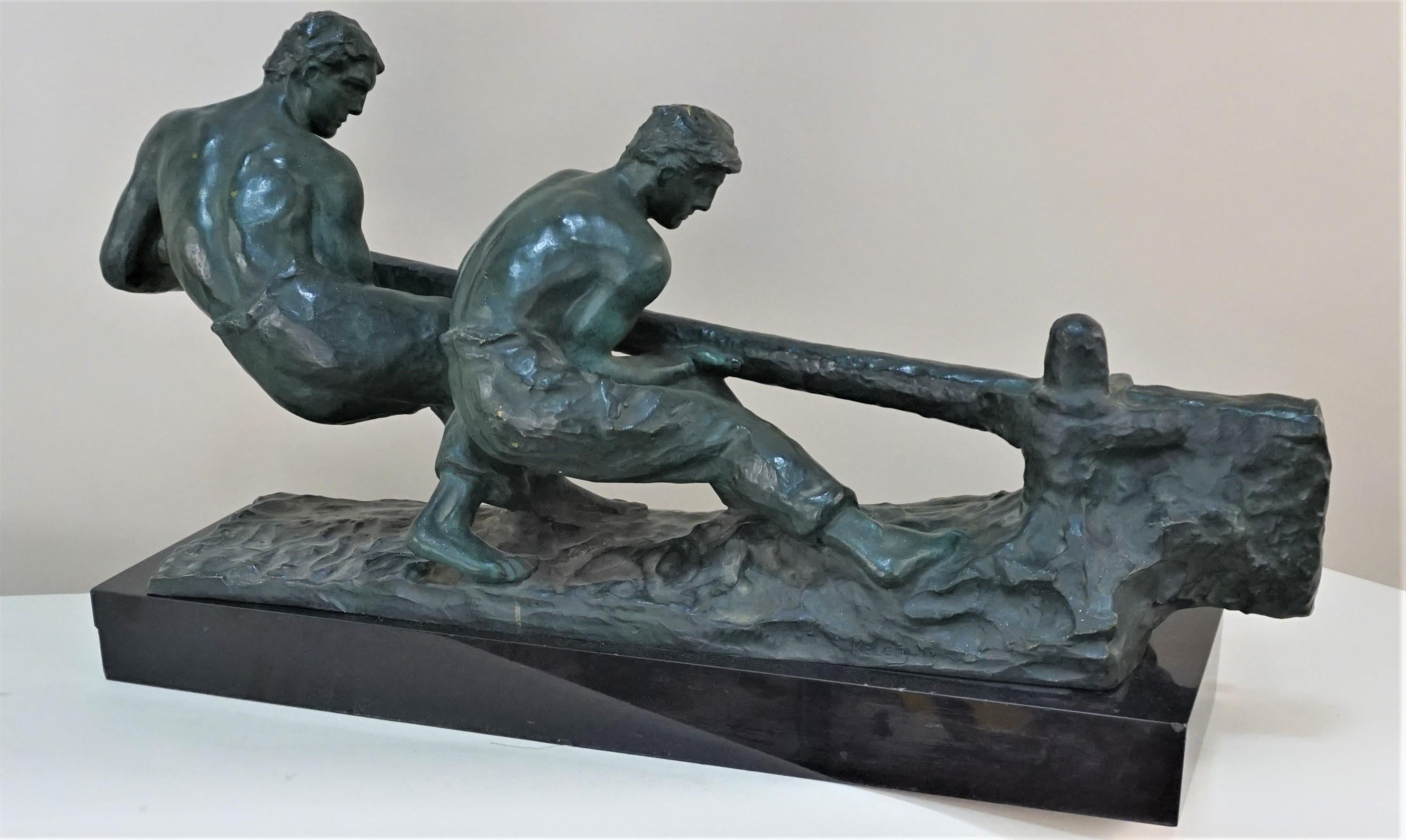 Mid-20th Century Bronze Sculpture Two Men Steering by Alexandre Kelety