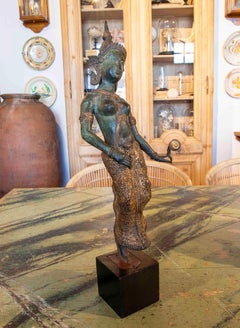 Bronze Sculpture with a Wooden Pedestal of a Dancing Thai Woman