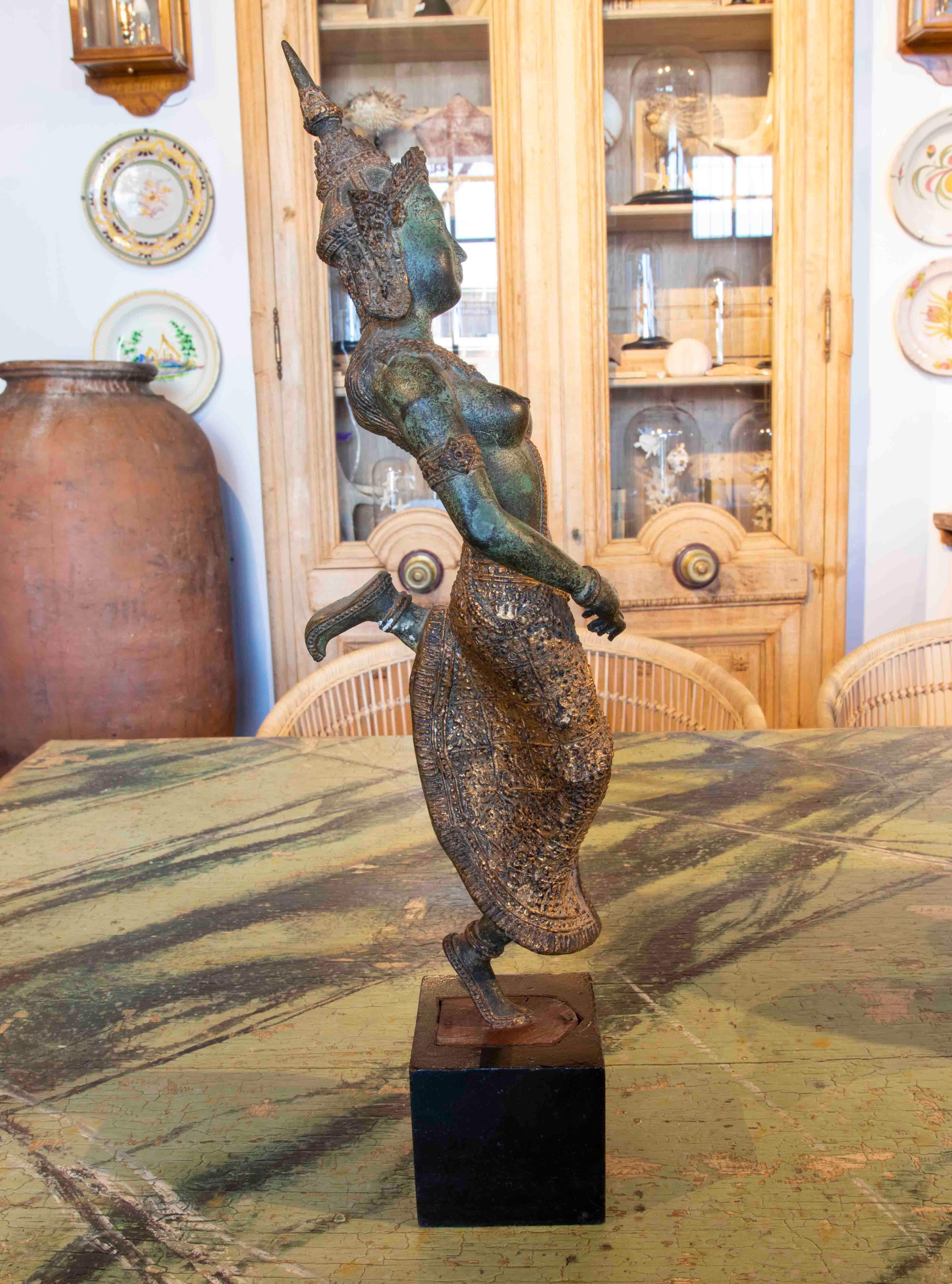 20th Century Bronze Sculpture with a Wooden Pedestal of a Dancing Thai Woman For Sale