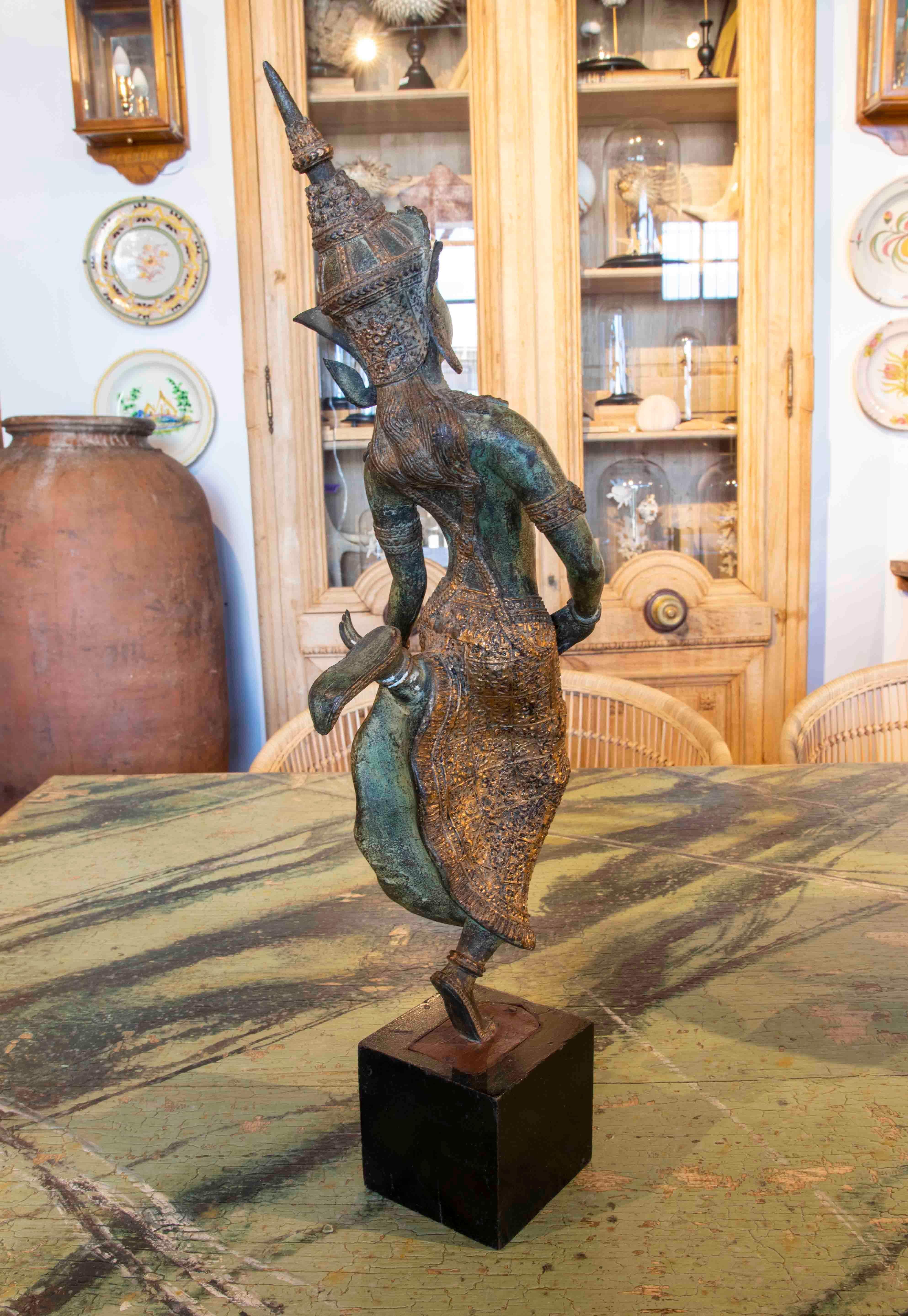 Bronze Sculpture with a Wooden Pedestal of a Dancing Thai Woman For Sale 1