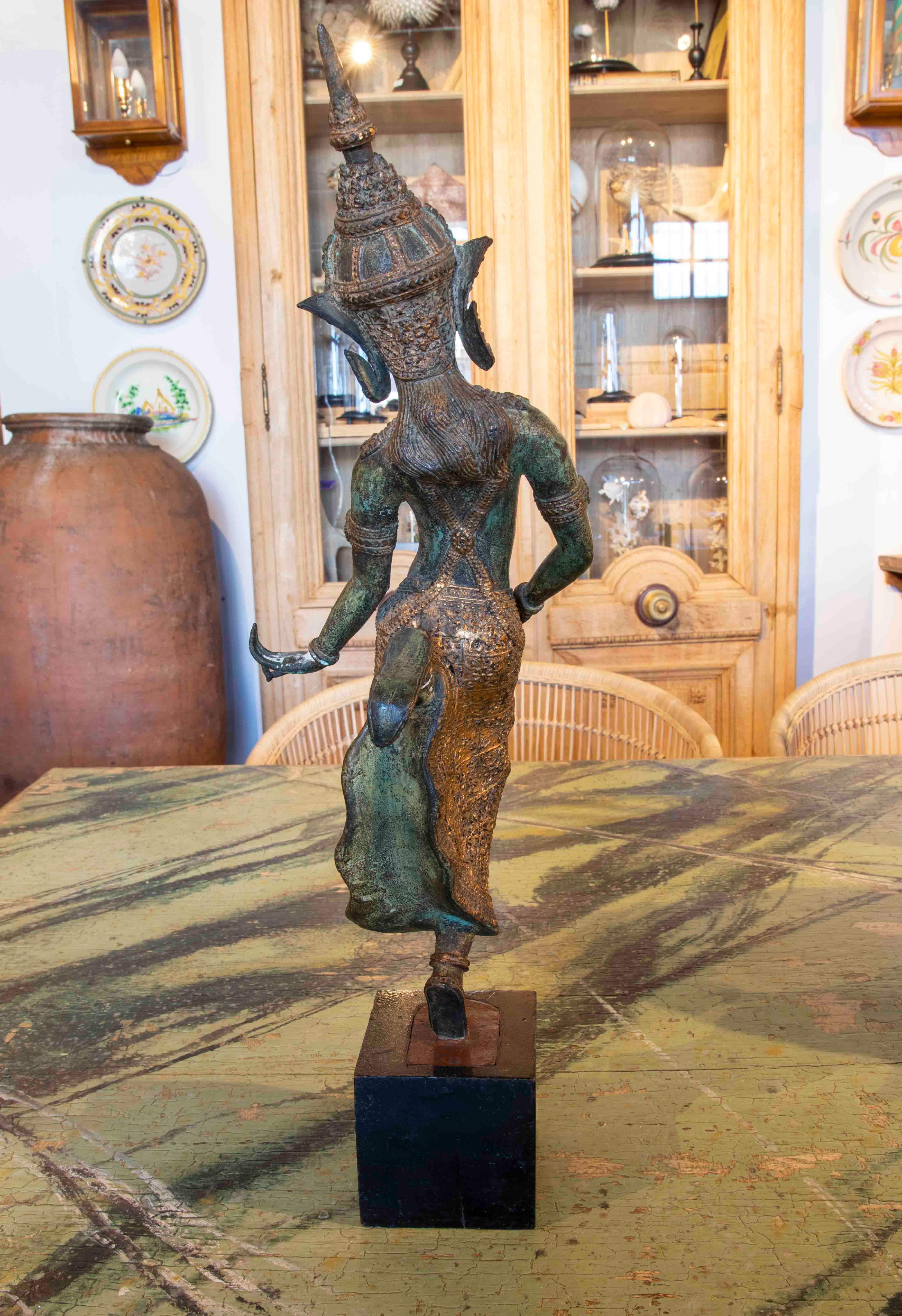 Bronze Sculpture with a Wooden Pedestal of a Dancing Thai Woman For Sale 2