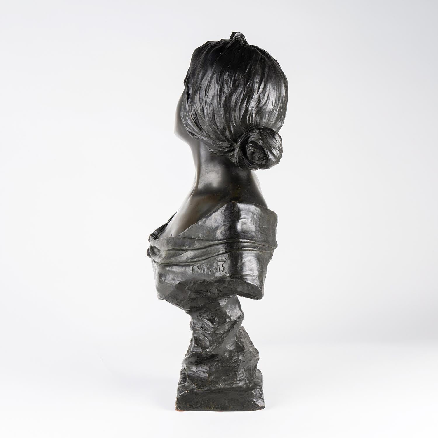 Bronzeskulptur mit brauner Patina, Büste von Emmanuel Villanis, Jugendstil. (Art nouveau)