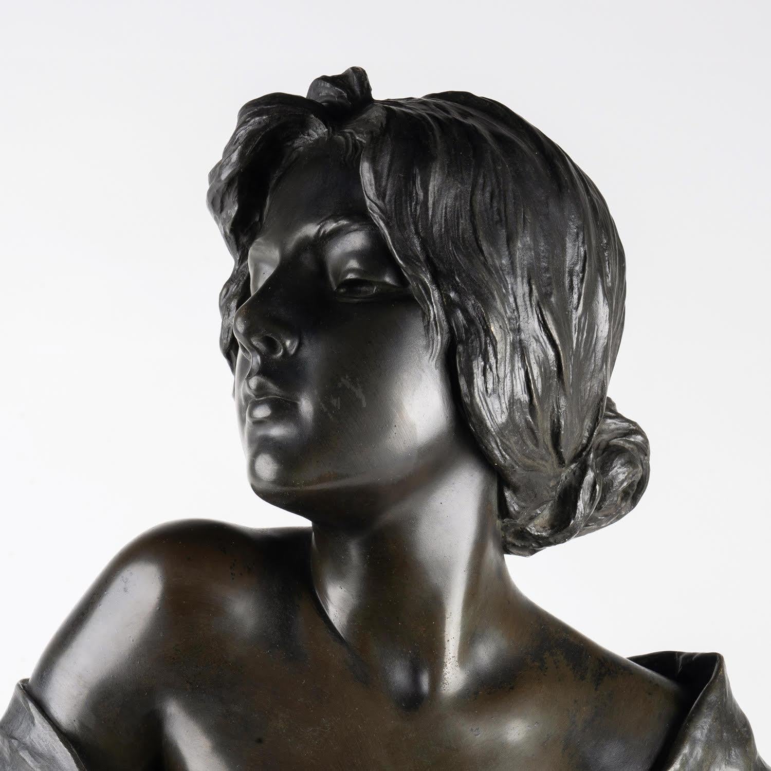 Bronzeskulptur mit brauner Patina, Büste von Emmanuel Villanis, Jugendstil. 1