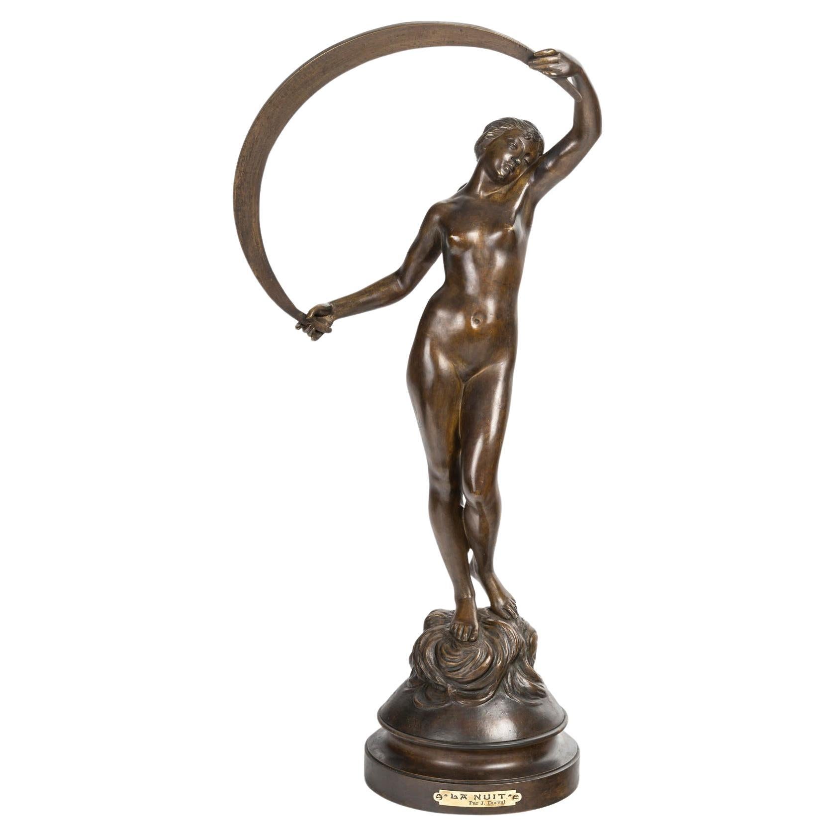 Scultura in bronzo con patina marrone, firmata Dorval, la Notte, XIX secolo. in vendita