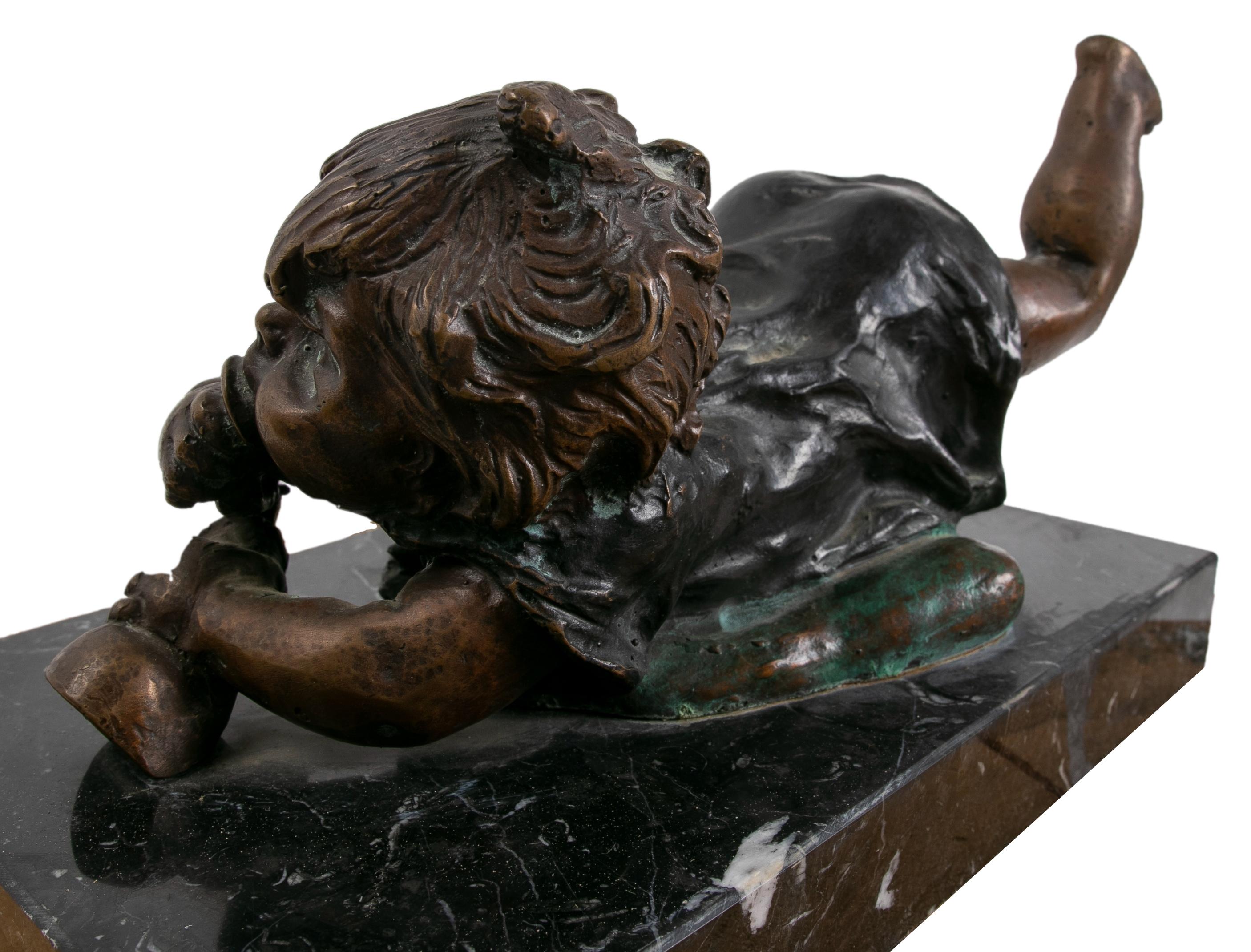 Bronze Sculpture with Marble Base of a Little Girl Lying Down. For Sale 2