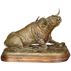 Bronze Sculpture, "Wounded Bull", F. Bonilla, Signed