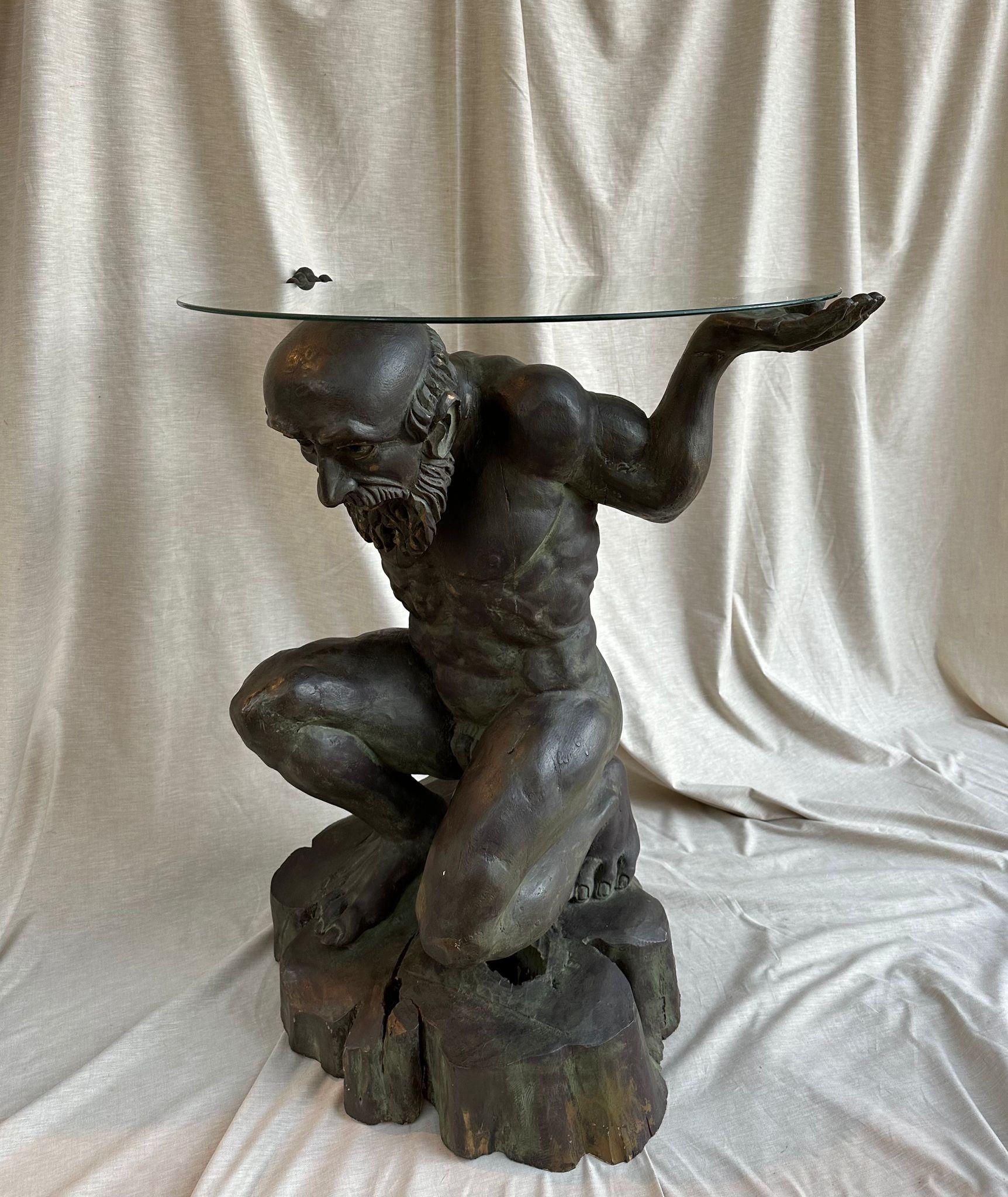 Carved Bronze Sculptured Statue of an Atlas - European Woodwork from 1960's For Sale
