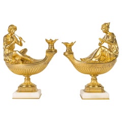 Bronze Sculptures of Musicians on an Oil Lamp, Empire Style, 19th Century.