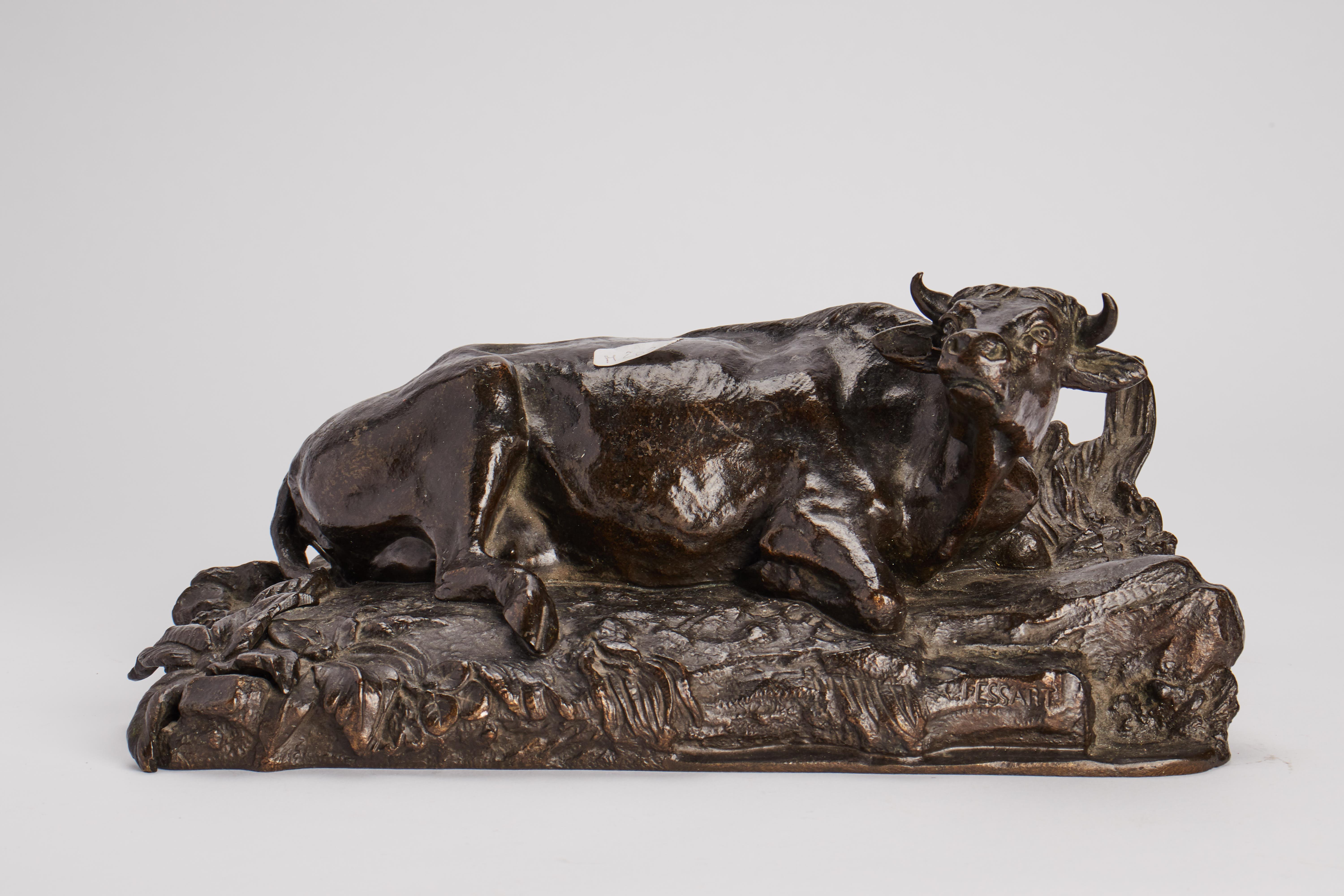 Lost wax cast bronze sculpture, depicting a cow lying in a meadow field. Signed “FESSART”. France, late 19th century.