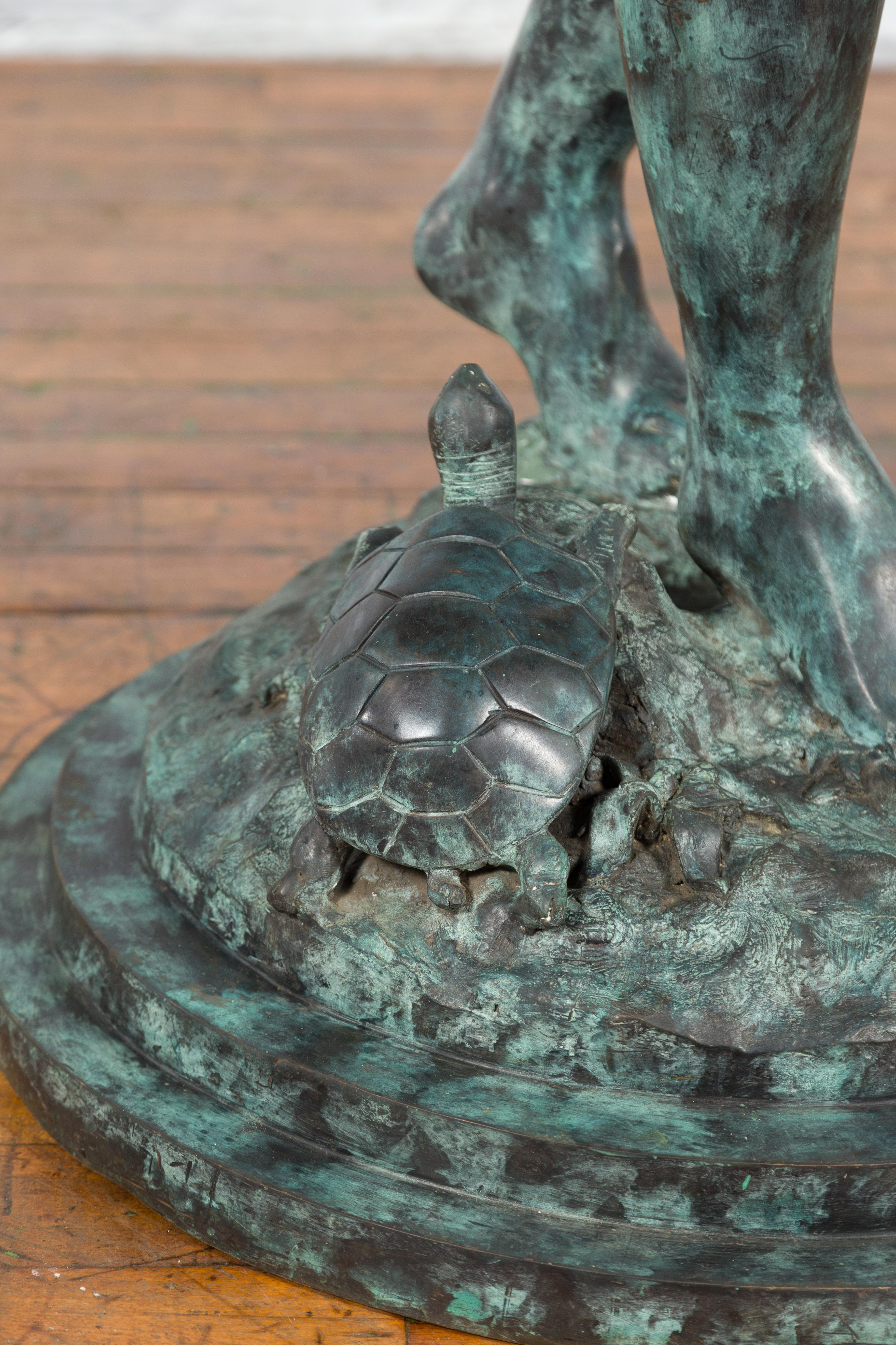 Bronze Sea Nymph Fountain with Large Shell and Turtle in Verdigris Patina For Sale 5