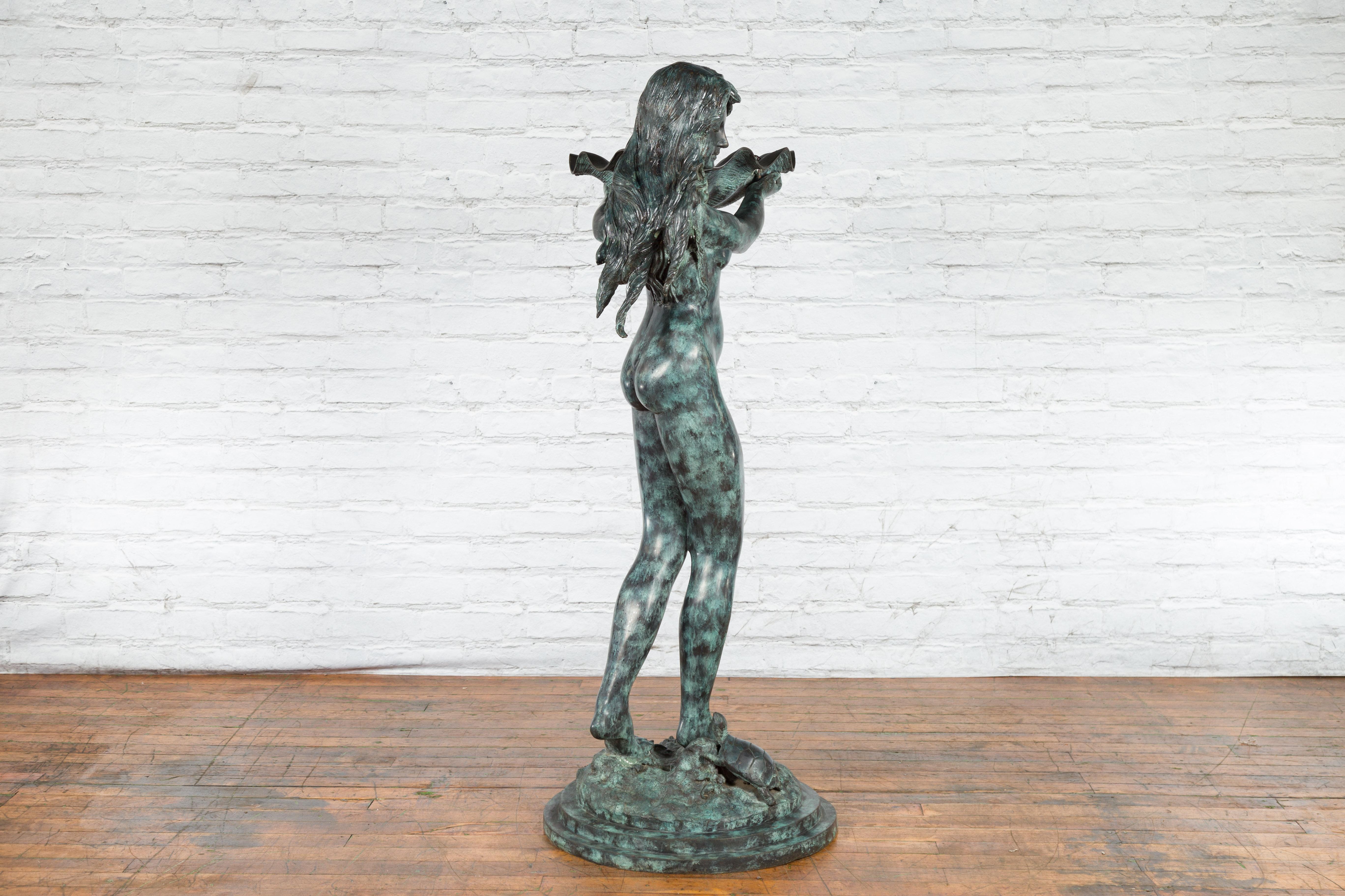 Bronze Sea Nymph Fountain with Large Shell and Turtle in Verdigris Patina For Sale 7