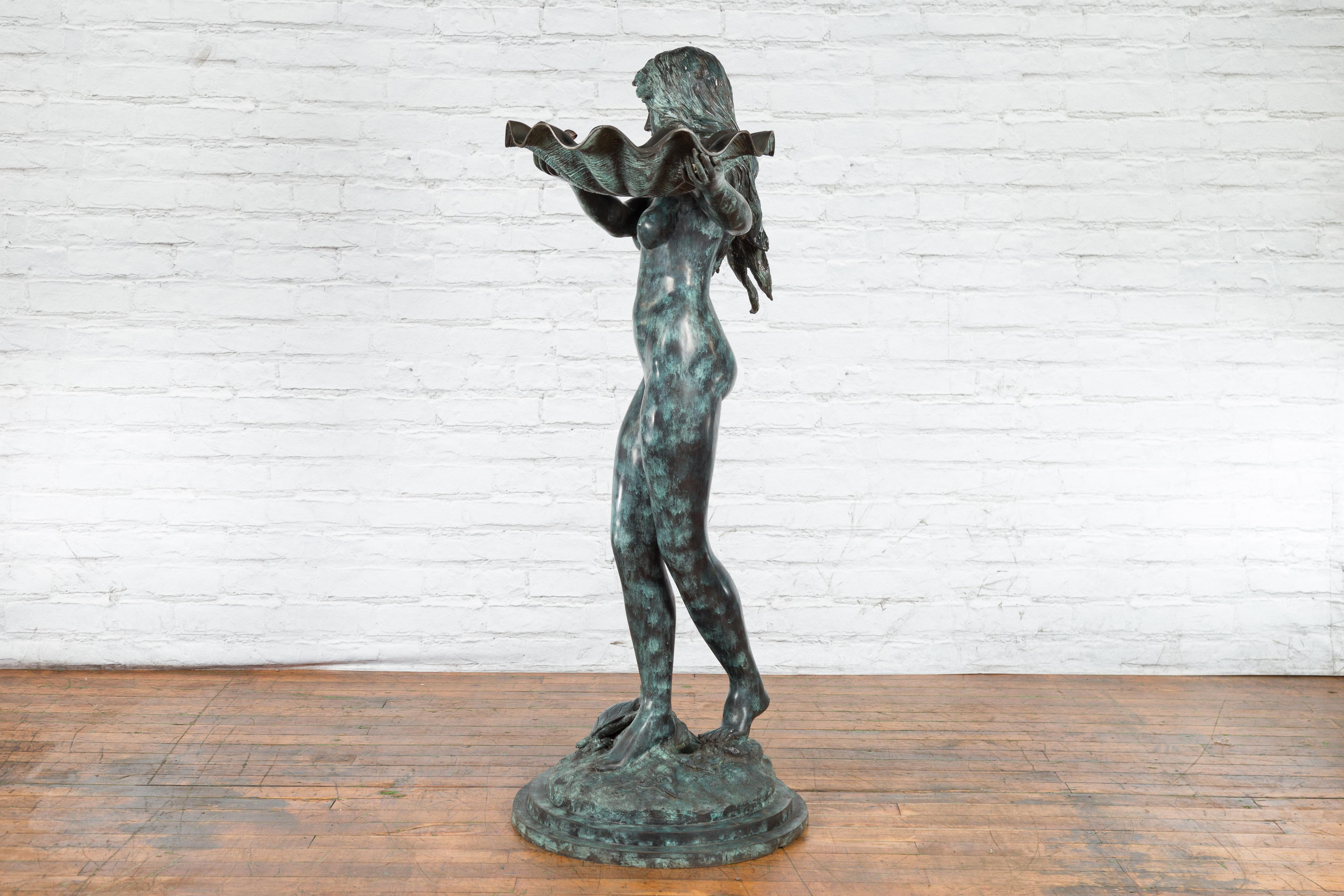 Bronze Sea Nymph Fountain with Large Shell and Turtle in Verdigris Patina For Sale 10