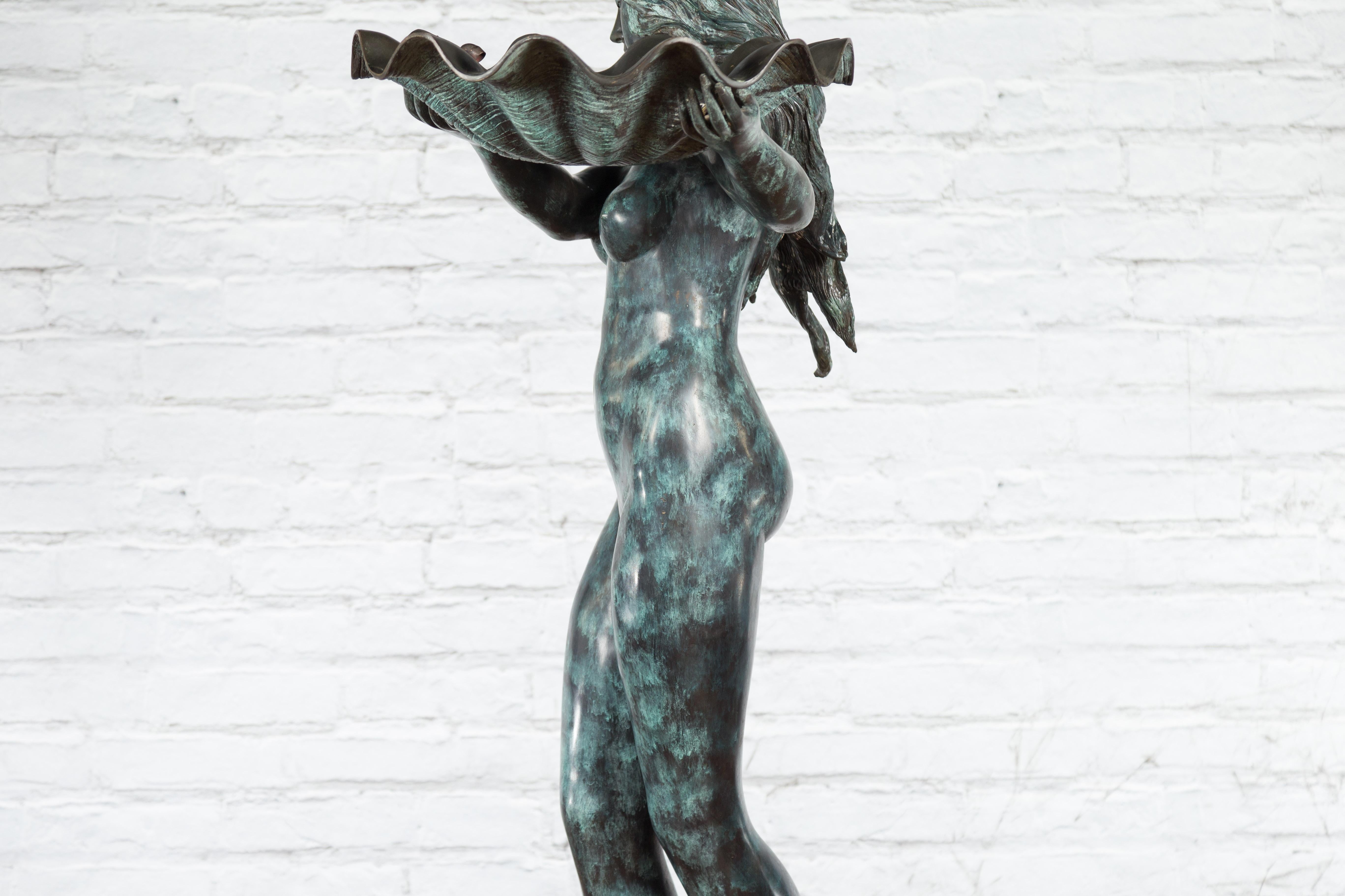 Bronze Sea Nymph Fountain with Large Shell and Turtle in Verdigris Patina For Sale 11