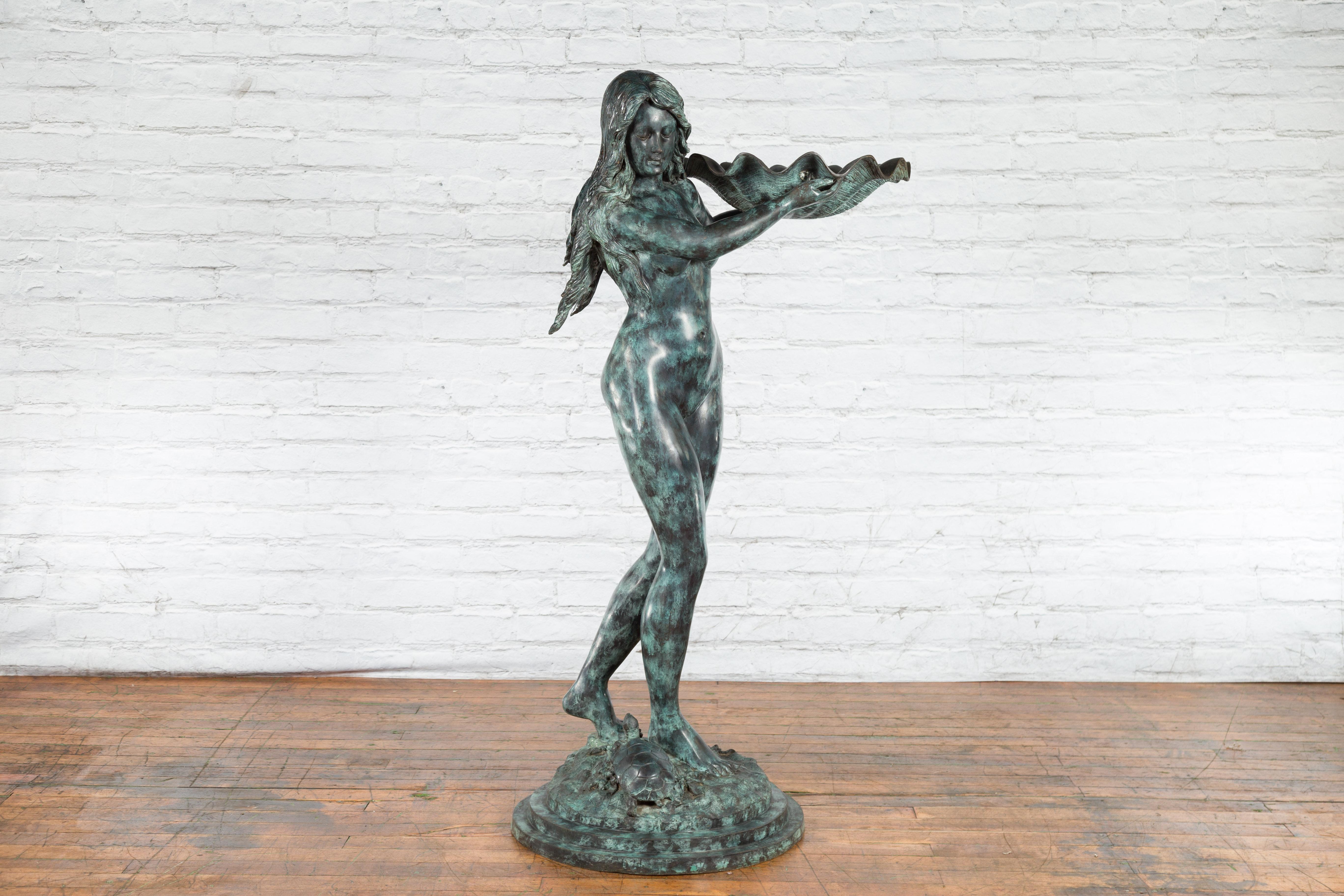 Contemporary Bronze Sea Nymph Fountain with Large Shell and Turtle in Verdigris Patina For Sale