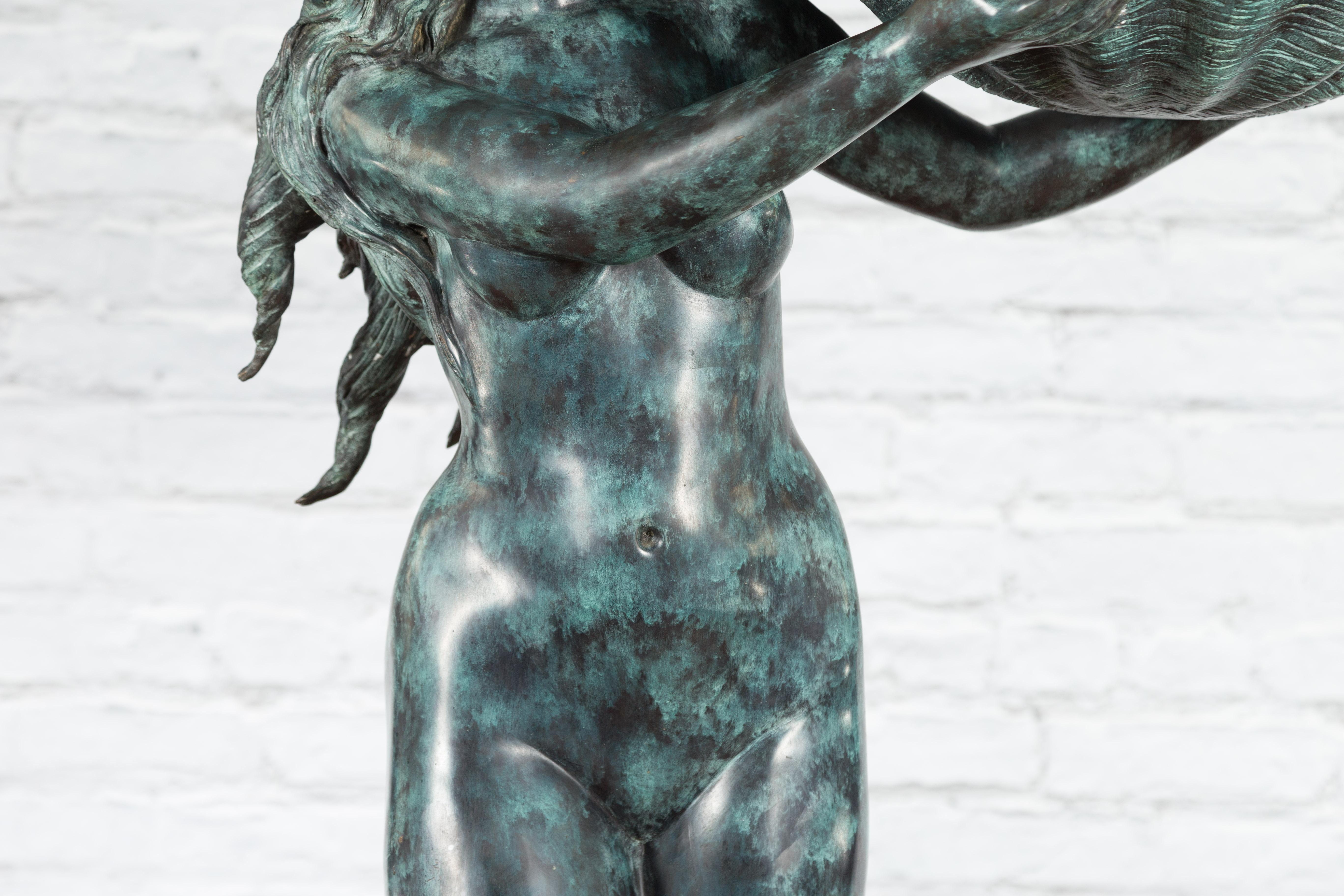 Bronze Sea Nymph Fountain with Large Shell and Turtle in Verdigris Patina For Sale 1