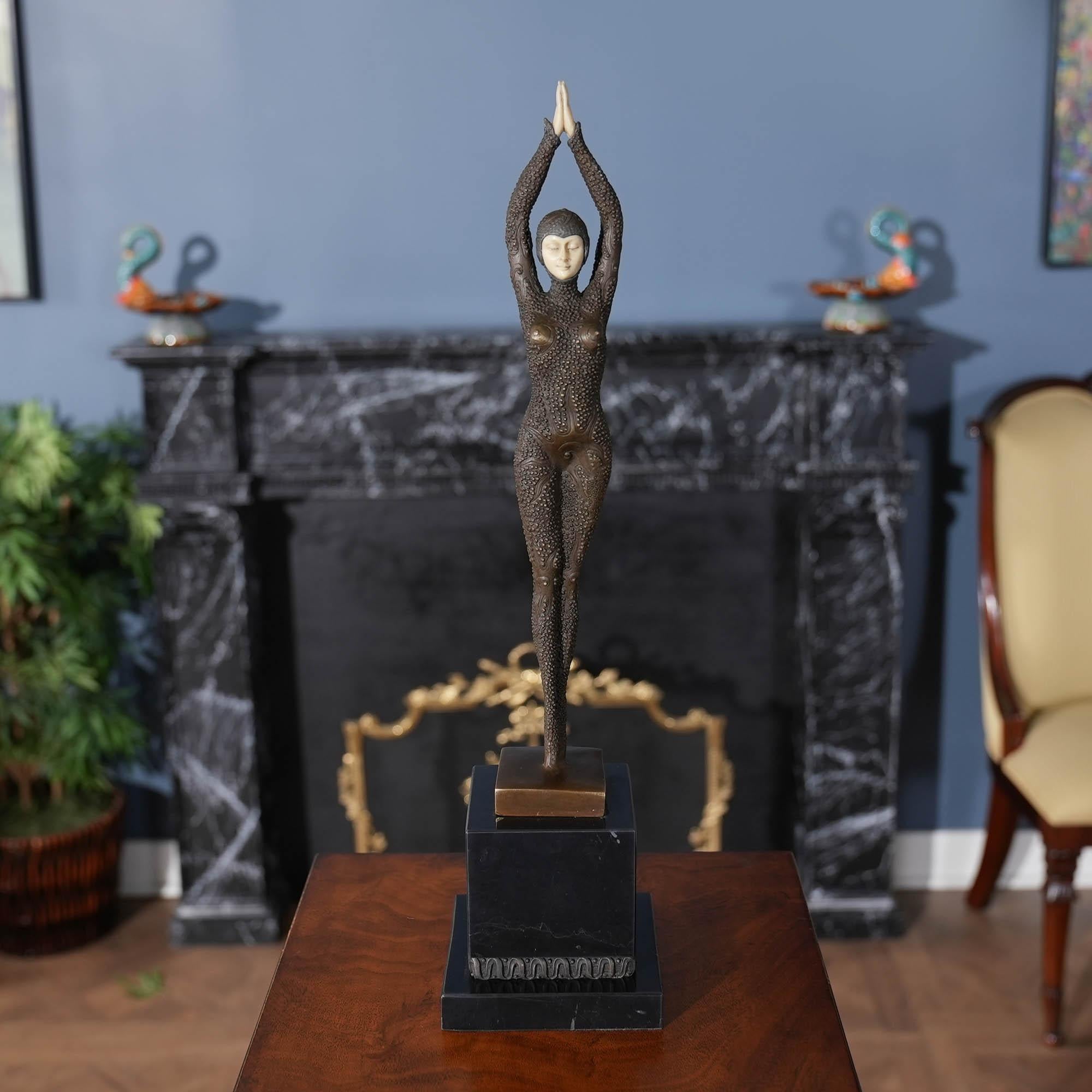 Graceful even when standing still the Bronze Sequined Dancer on Marble Base is a striking addition to any setting. Using traditional lost wax casting methods the Bronze Sequined Dancer statue has hand chaised details added to give a high level of