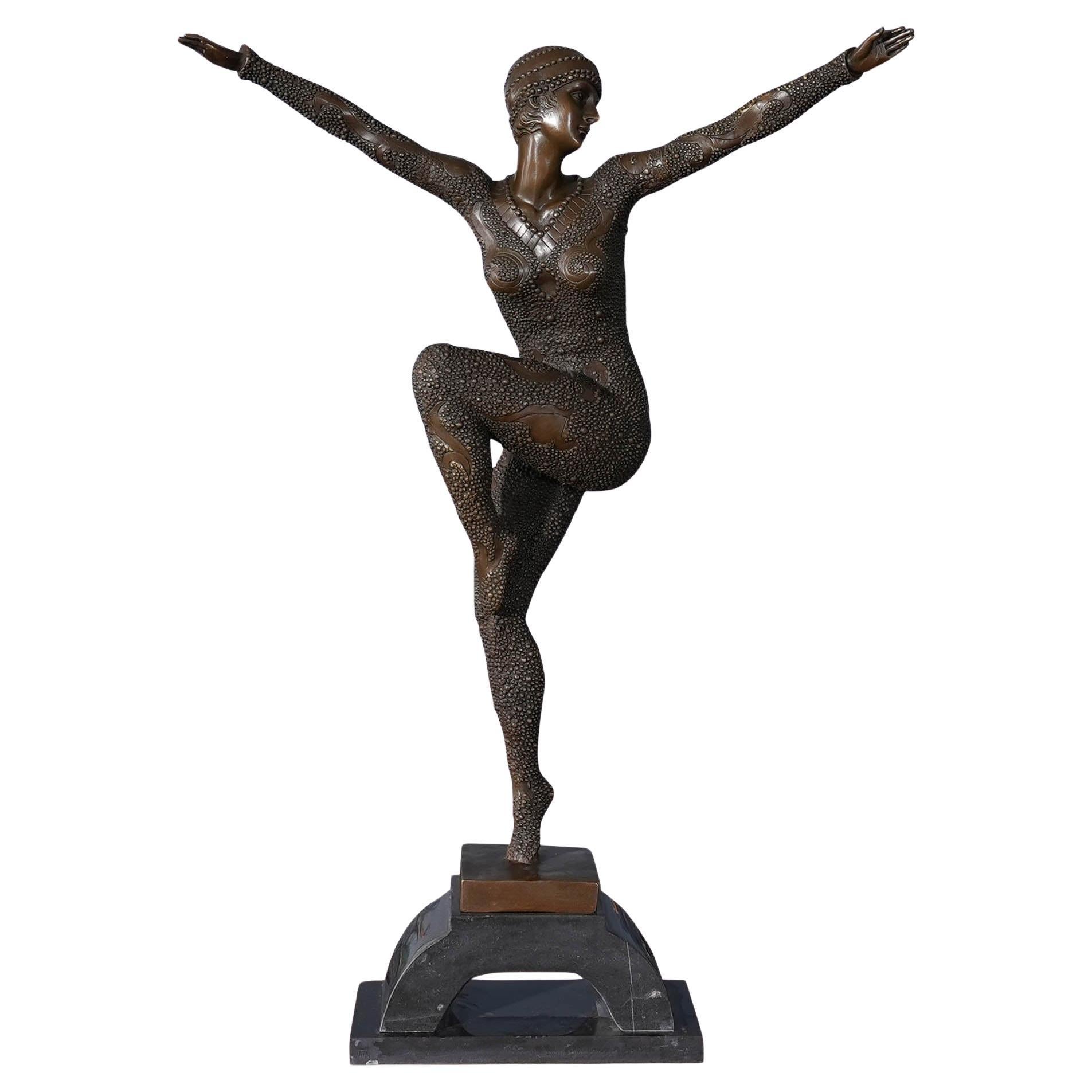 Bronze Sequined Dancing Woman on Marble Base For Sale