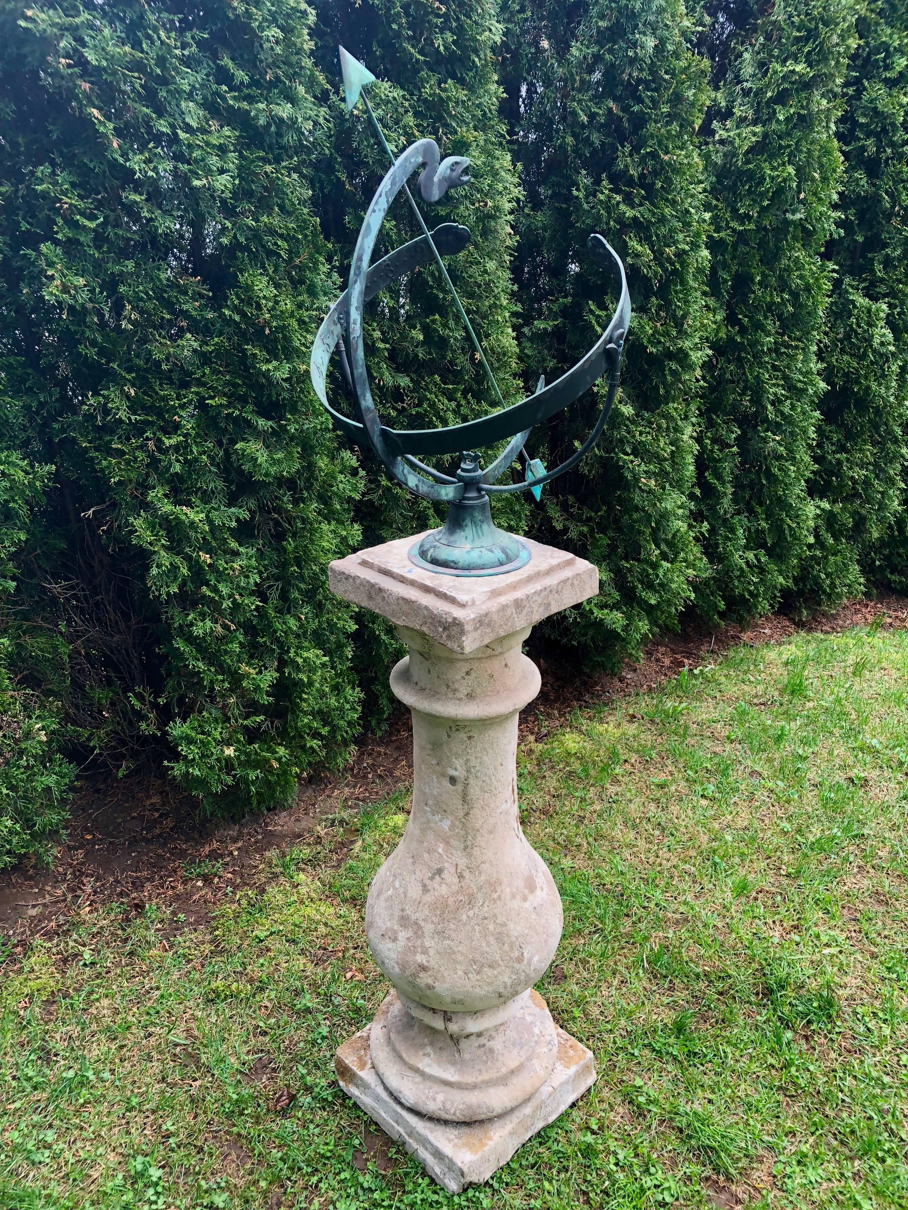 Hand-Carved Bronze Serpent Armillary on Tall 18th Century French Limestone Pedestal