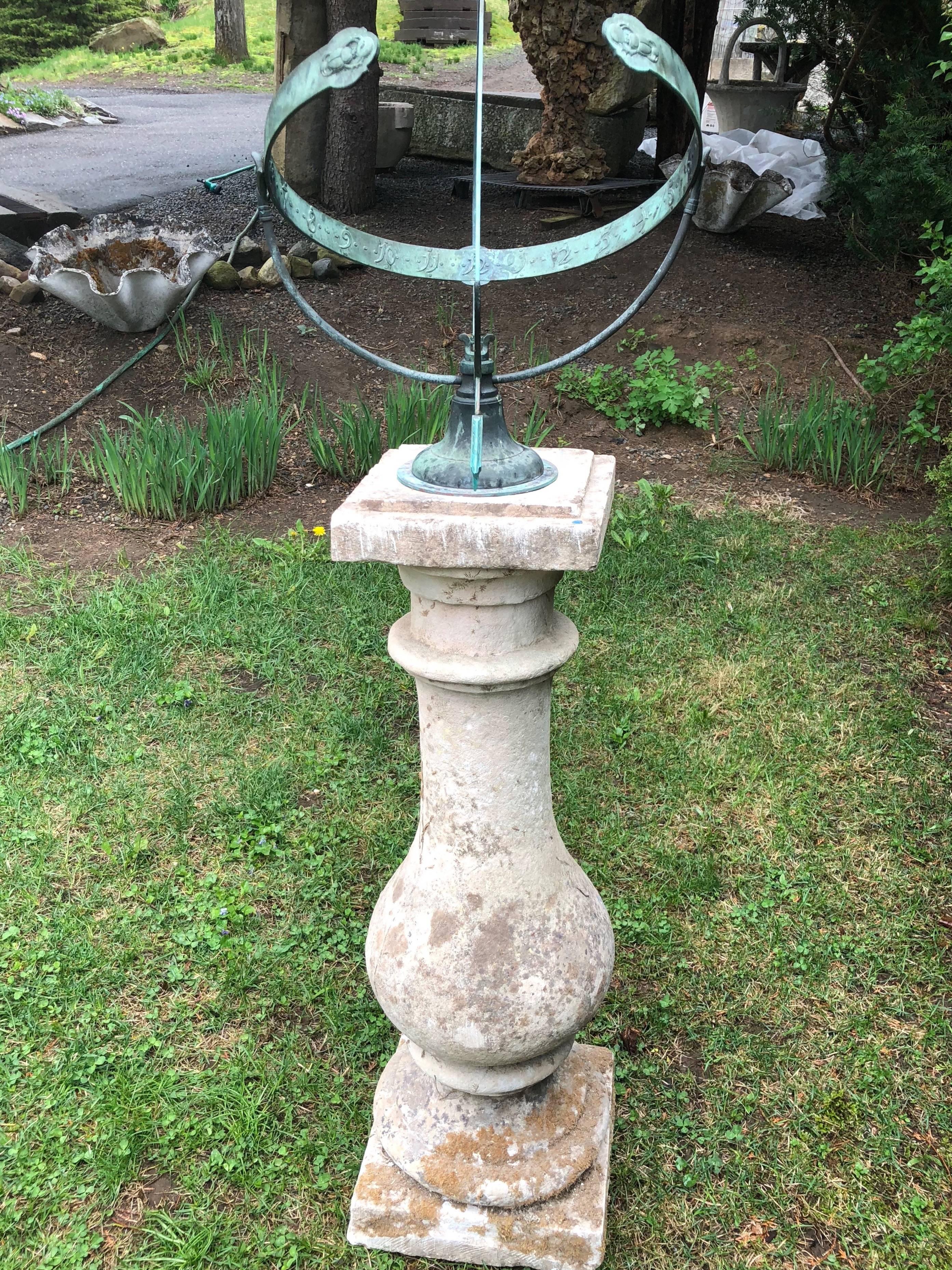 Bronze Serpent Armillary on Tall 18th Century French Limestone Pedestal In Good Condition In Woodbury, CT