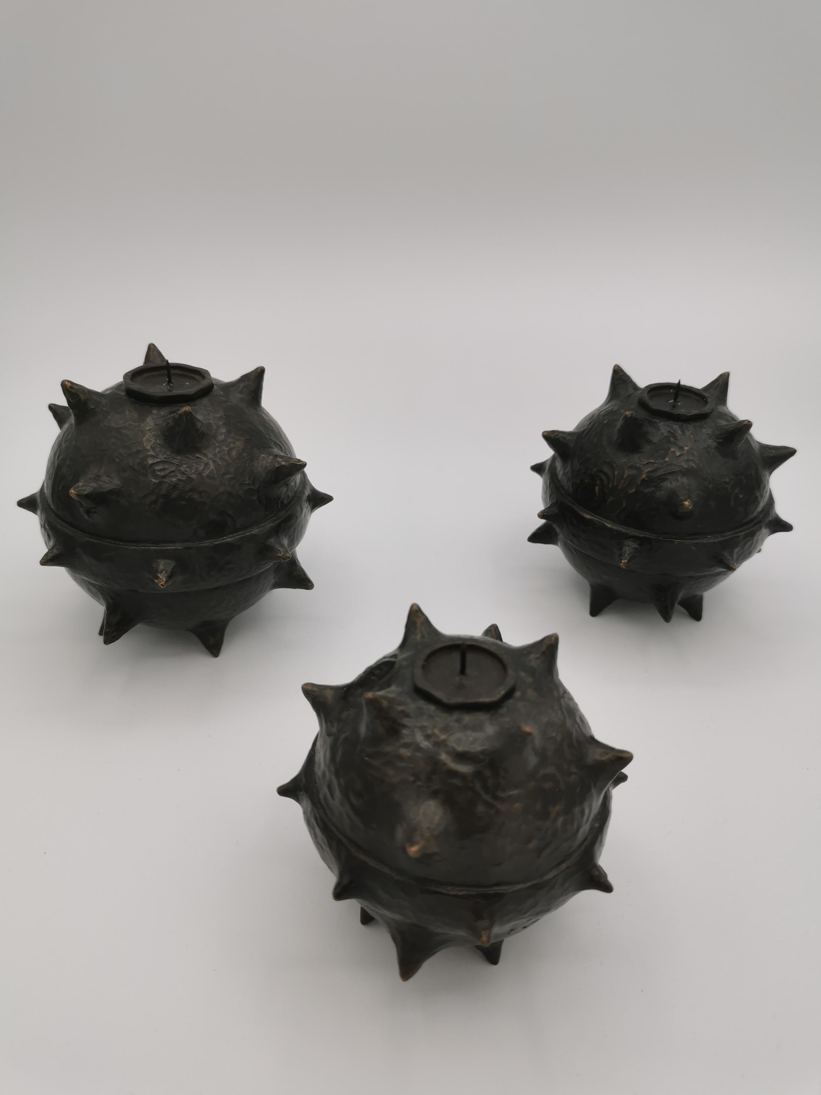 Patinated Set of 3 Bronze Candle Holders 