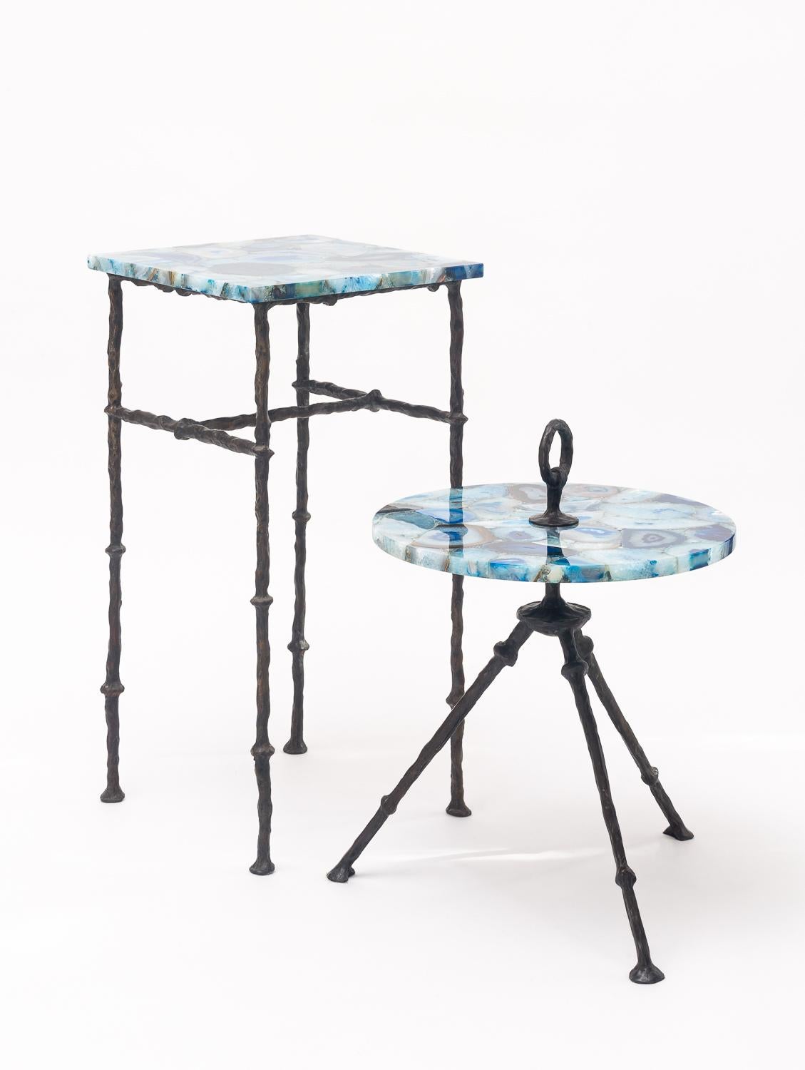 American Bronze Side Table with Round Blue Agathe Top For Sale