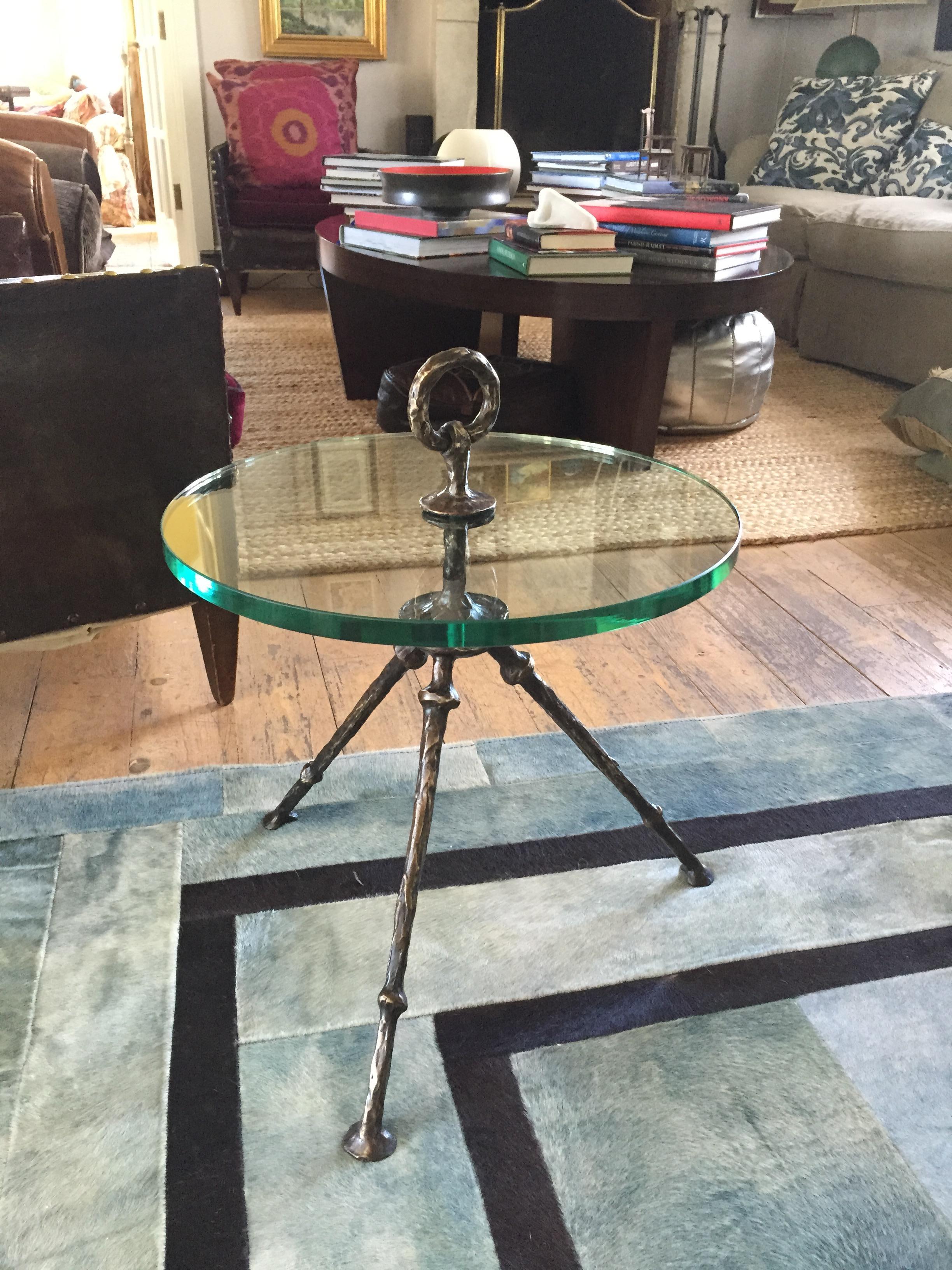Bronze Side Table with Round Blue Agathe Top In New Condition For Sale In Ballard, CA