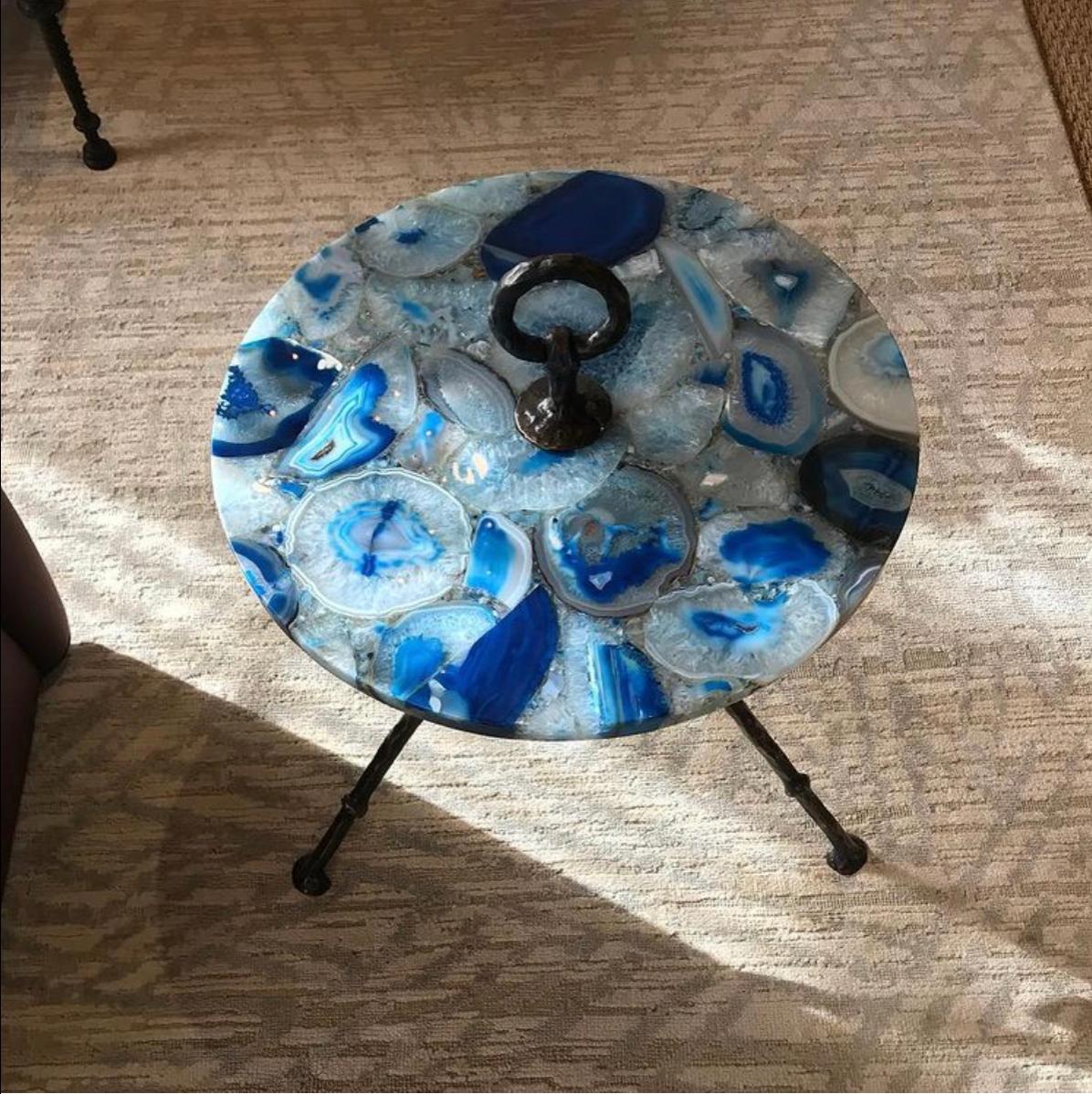 Cast Bronze Side Table with Round Blue Agathe Top For Sale