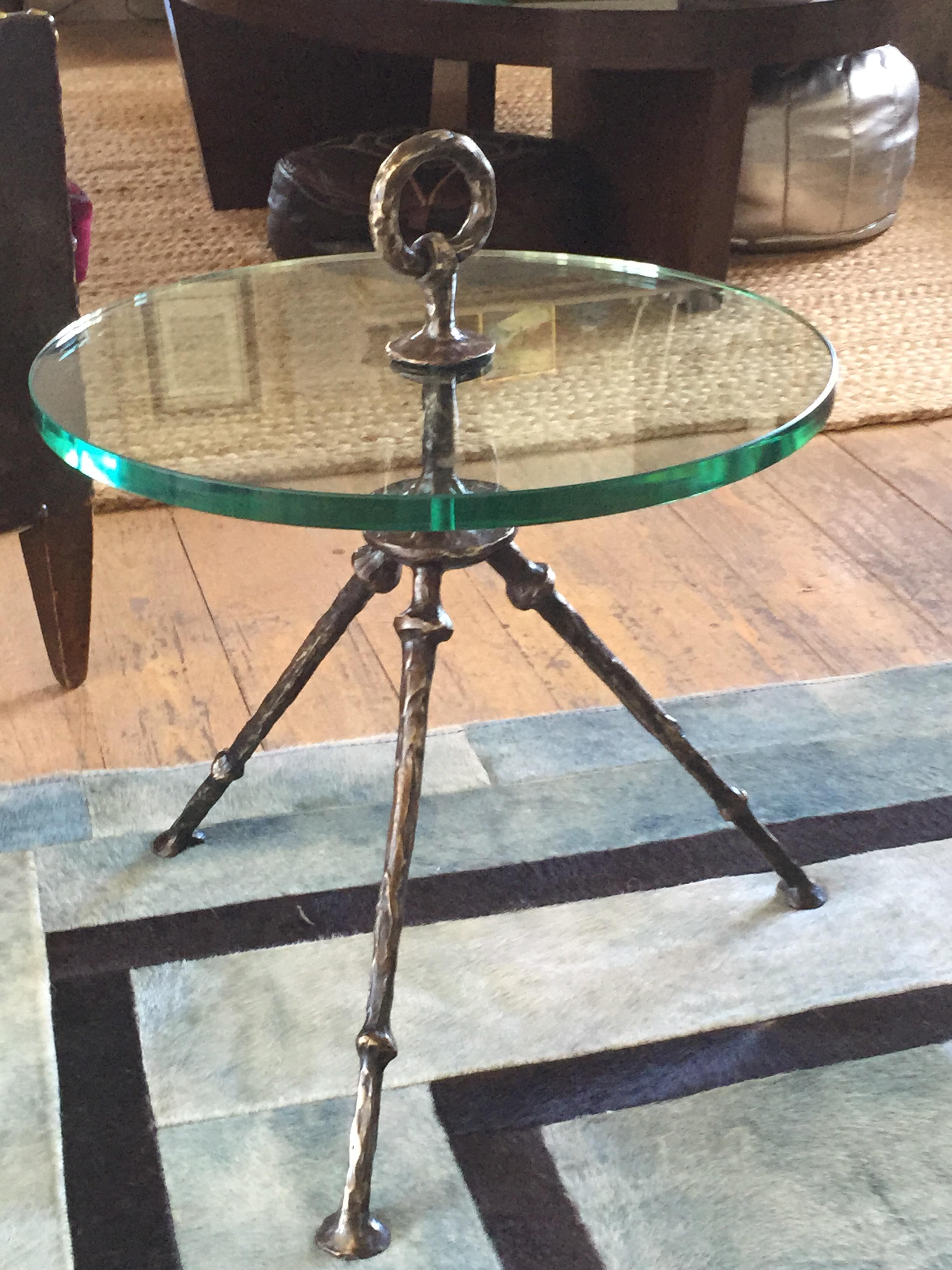 Contemporary Bronze Side Table with Round Blue Agathe Top For Sale