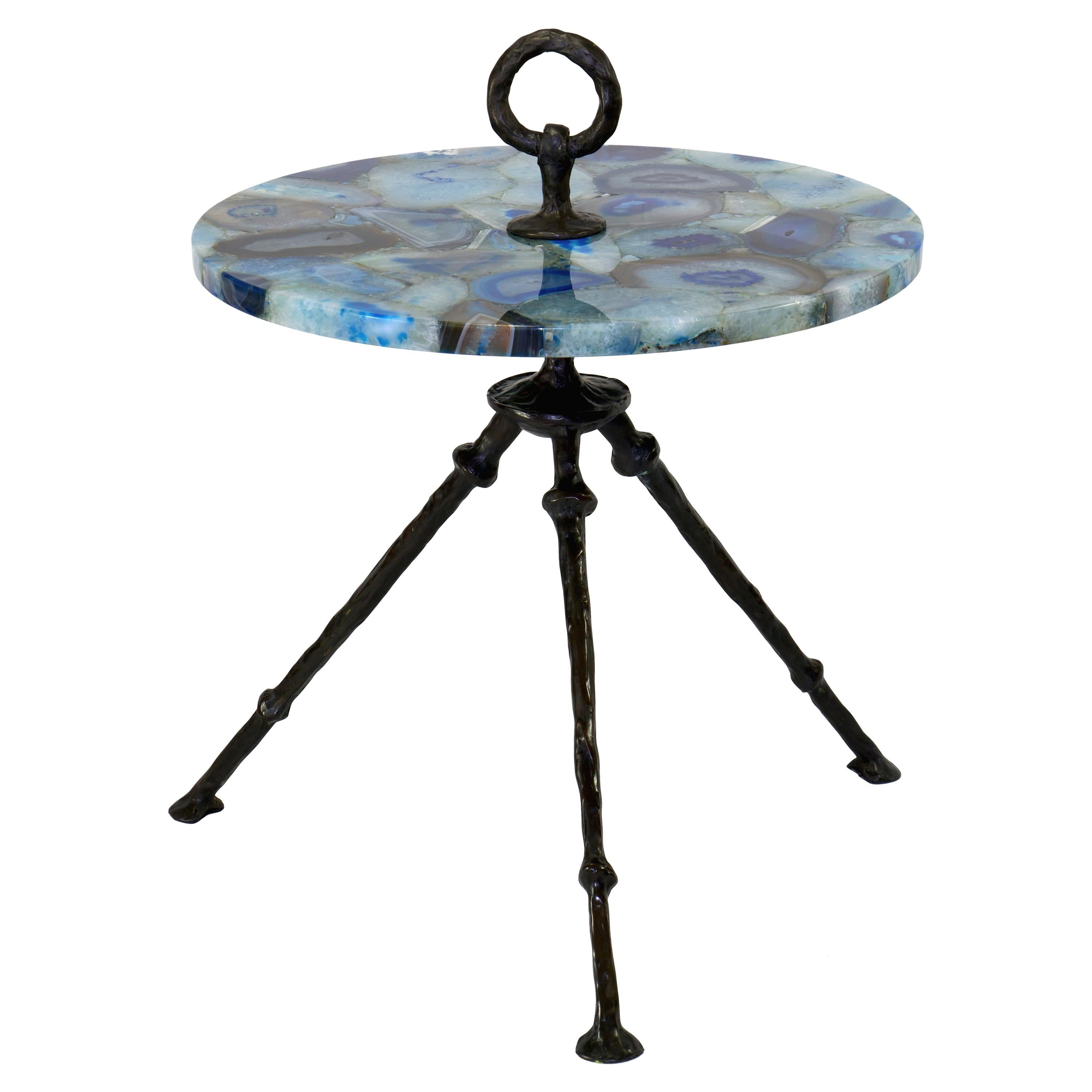 Bronze Side Table with Round Blue Agathe Top For Sale