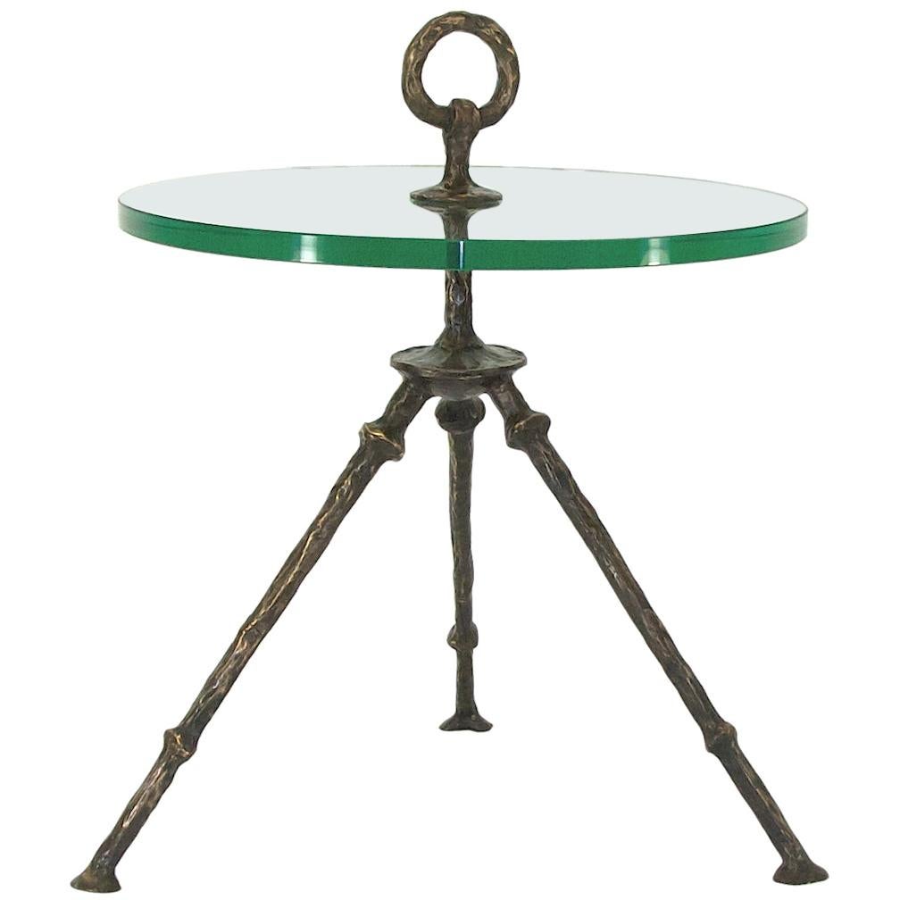 Bronze Side Table with Round Glass Top For Sale