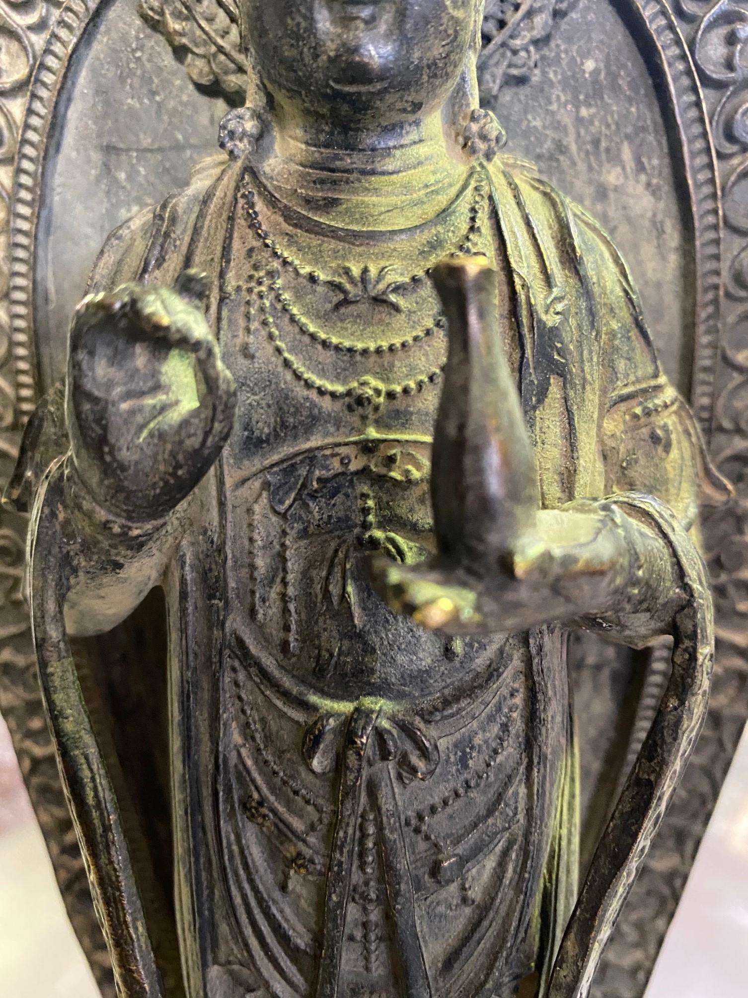 Bronze Signed Chinese Standing Buddha Guanyin Bodhisattva of Compassion Statue In Good Condition In Studio City, CA
