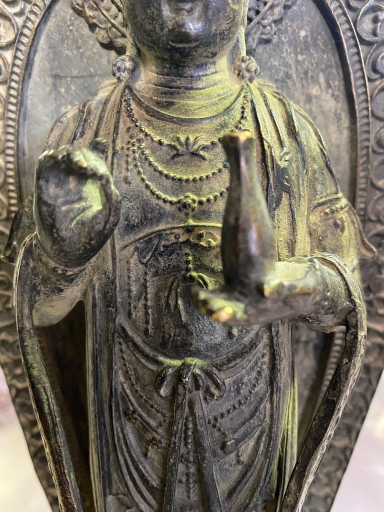 19th Century Bronze Signed Chinese Standing Buddha Guanyin Bodhisattva of Compassion Statue For Sale