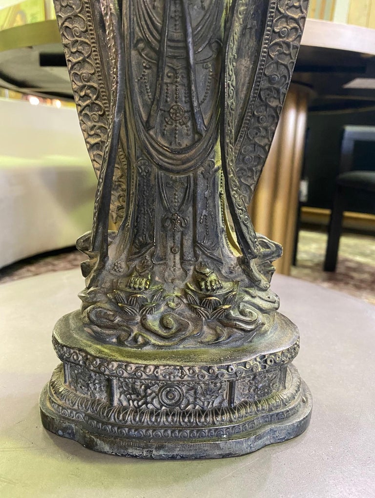 Bronze Signed Chinese Standing Buddha Guanyin Bodhisattva of Compassion Statue For Sale 1