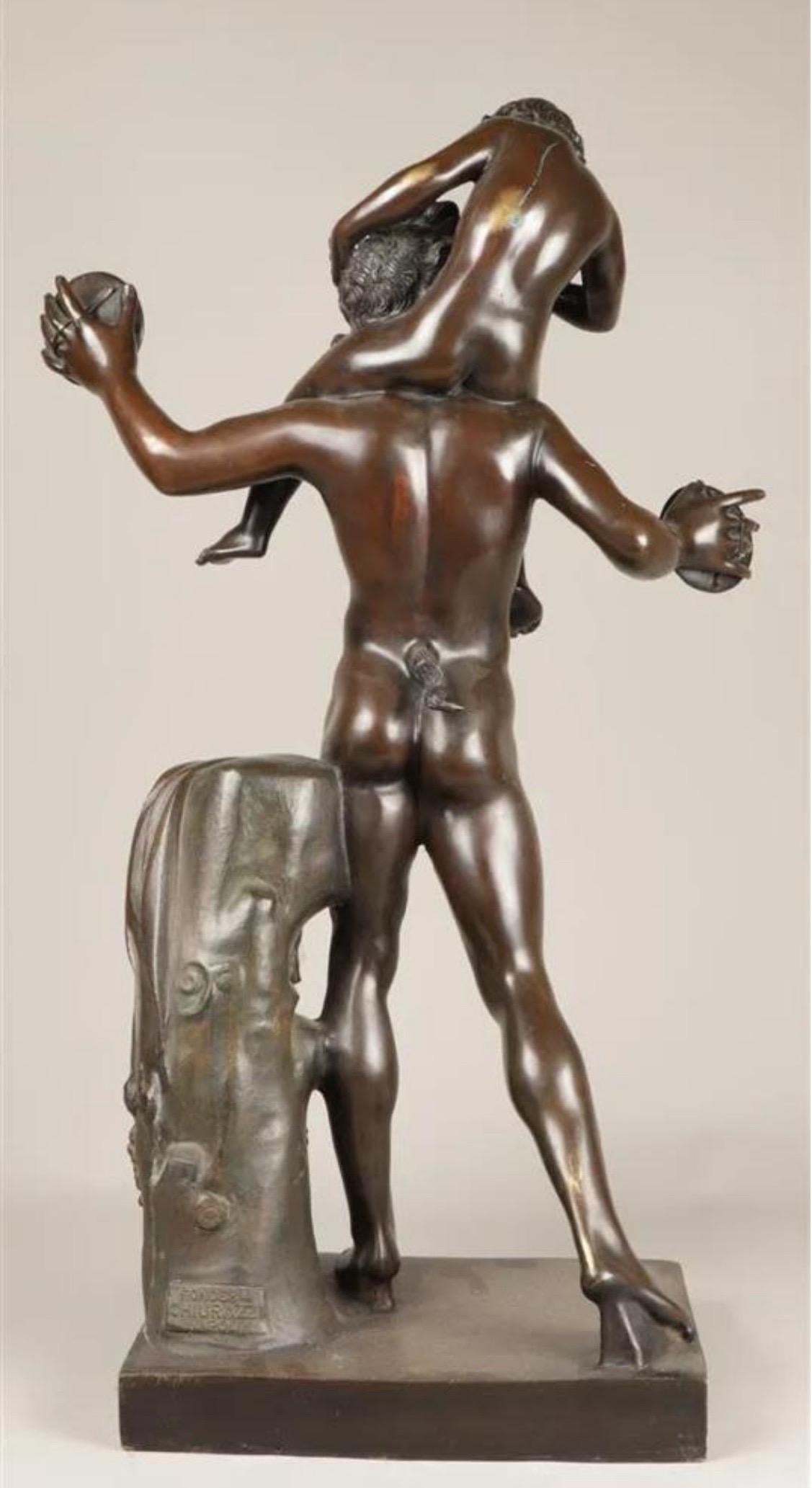 Magnificent bronze representing Satyr with the child Dionysos, signed Fonderie Chiurazzi Naples. Height: 71cm.