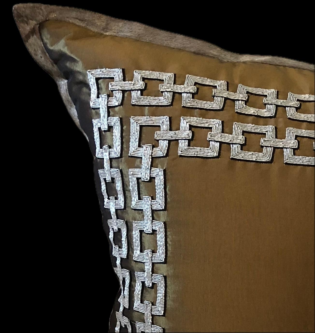 Neoclassical Bronze Silk Taffeta Pillow With Metallic Thread Embroidery by Maison Lesage For Sale