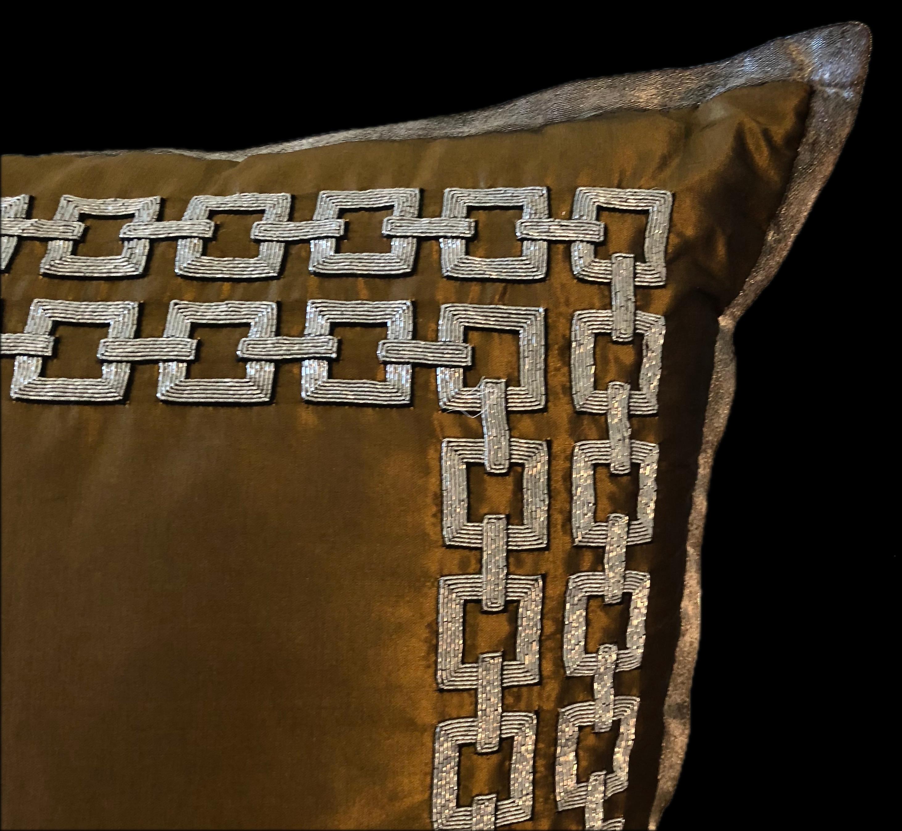 American Bronze Silk Taffeta Pillow With Metallic Thread Embroidery by Maison Lesage For Sale