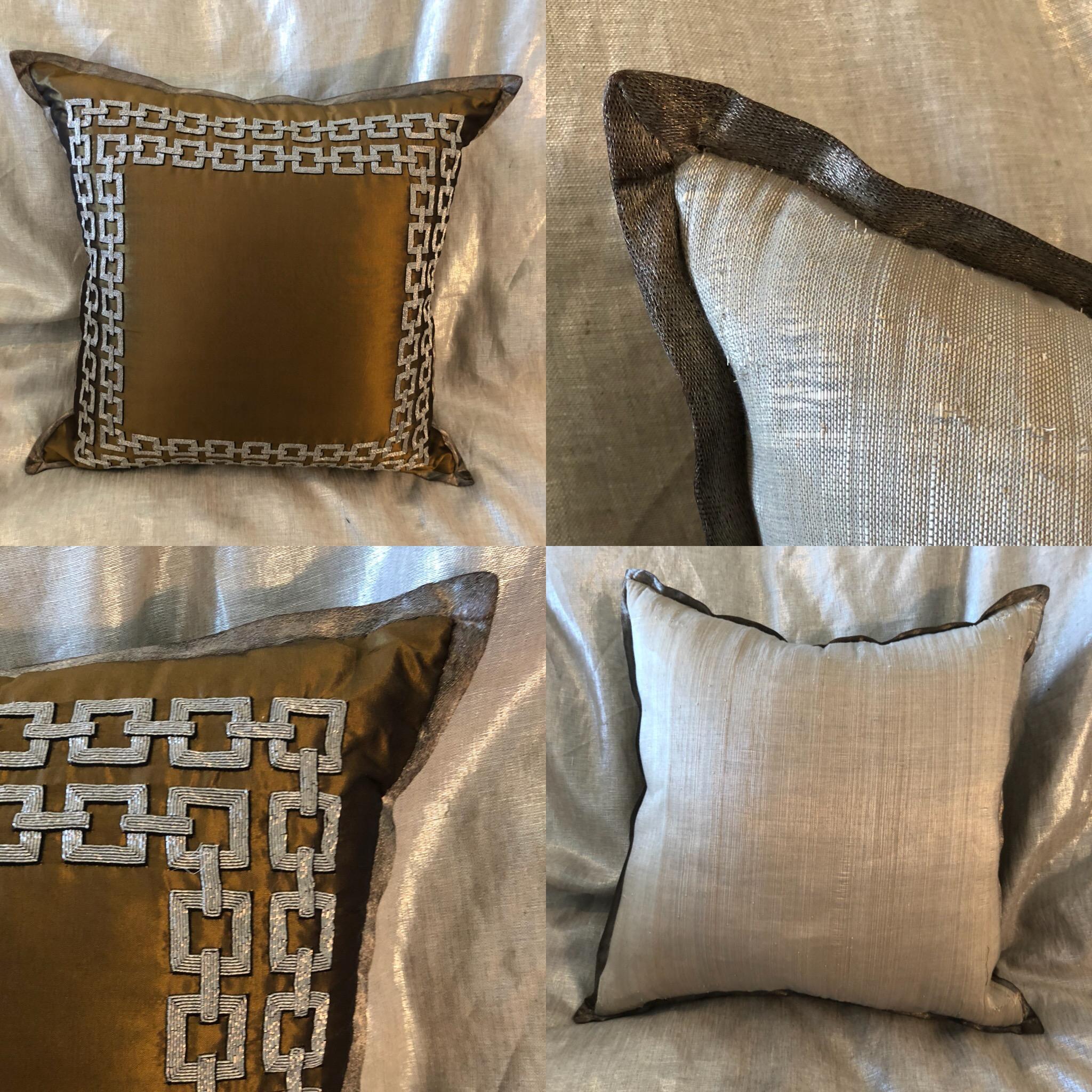 Hand-Crafted Bronze Silk Taffeta Pillow With Metallic Thread Embroidery by Maison Lesage For Sale