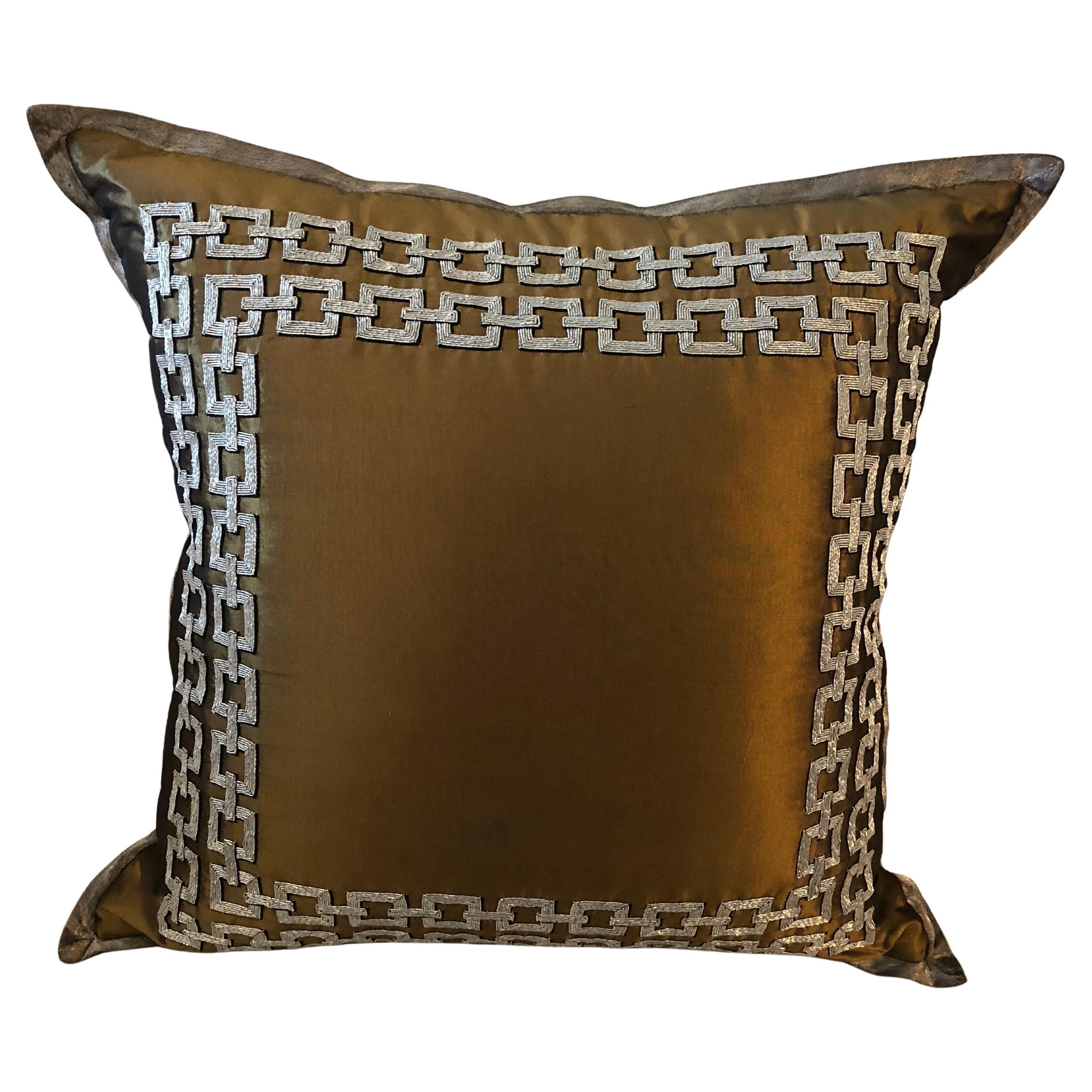 Bronze Silk Taffeta Pillow With Metallic Thread Embroidery by Maison Lesage For Sale