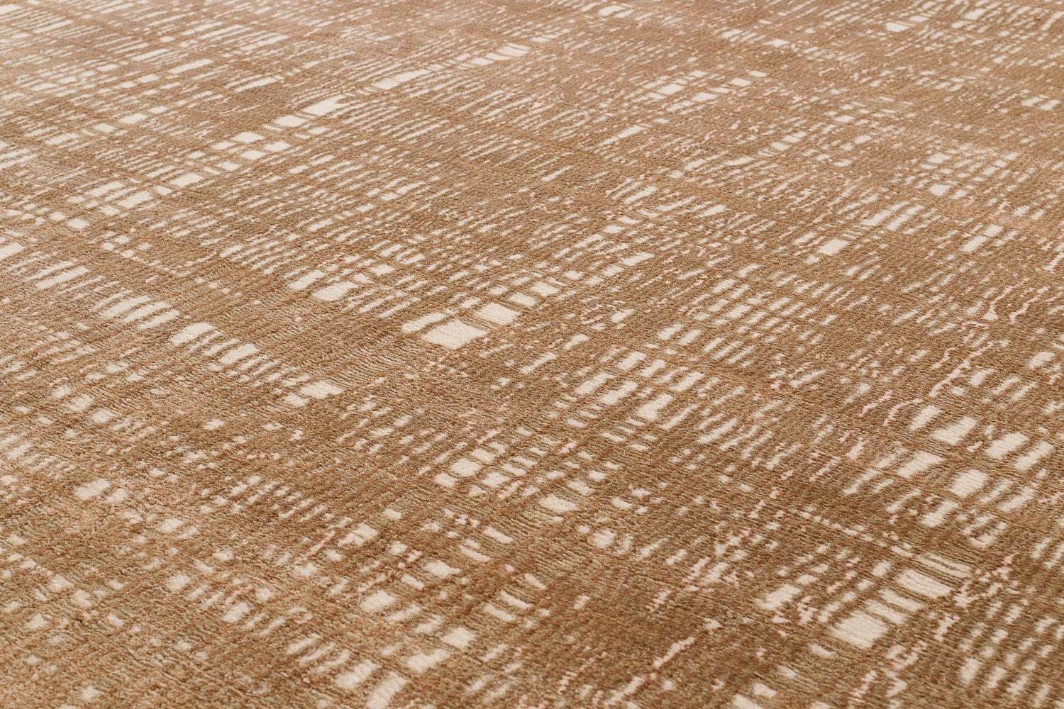 Tibetan Bronze, Silver and White Silk and Wool Contemporary Grid Rug